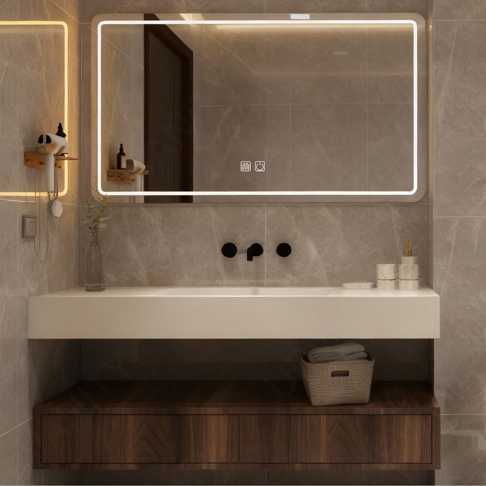 Modern Bath Vanity Set, Brown, Split White Top, 40"-60", Single, Floating, Open Storage, Smart LED Mirror