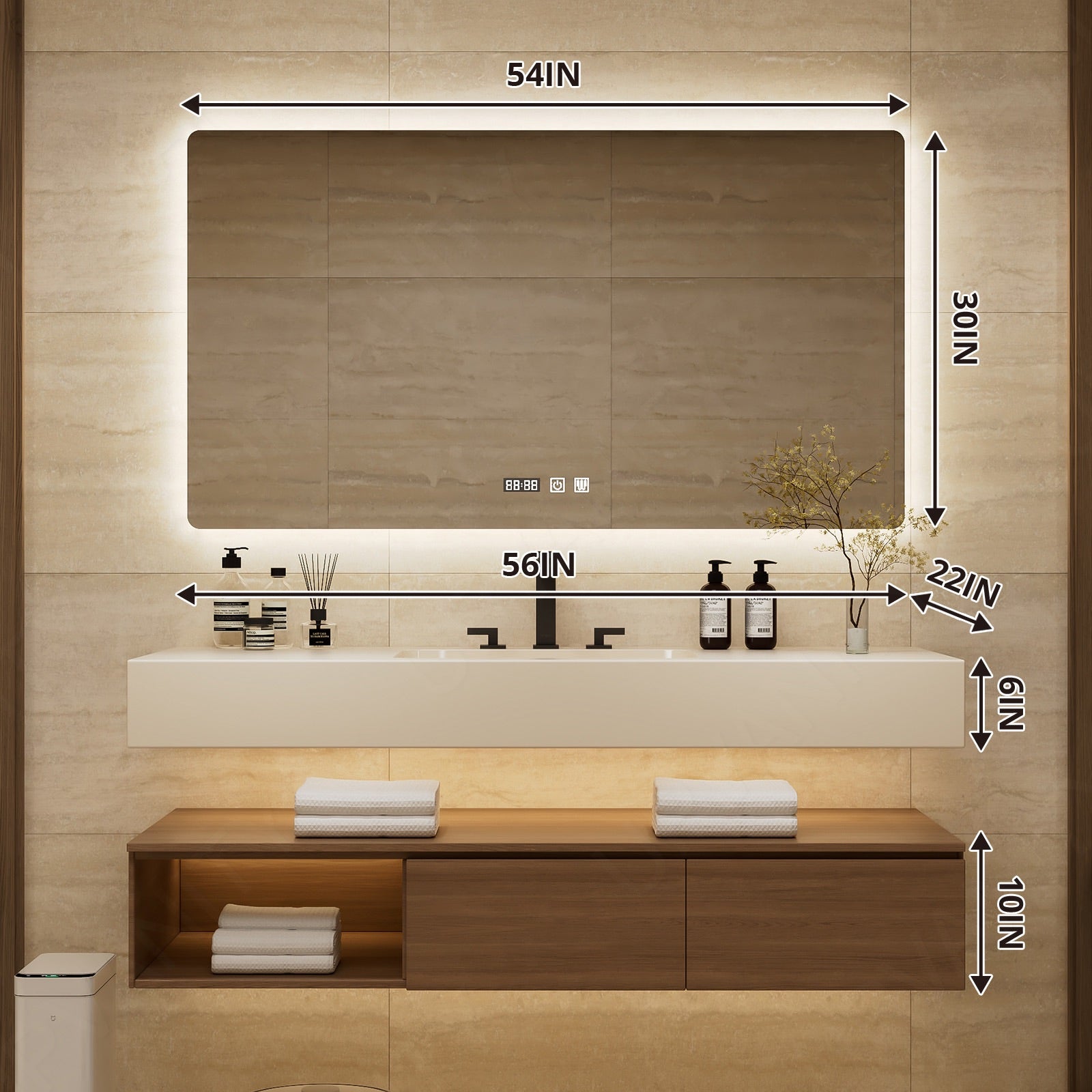 Modern Bath Vanity Set, Brown, Split White Top, 40"- 64", Single, Floating, Open Storage, Smart LED Mirror