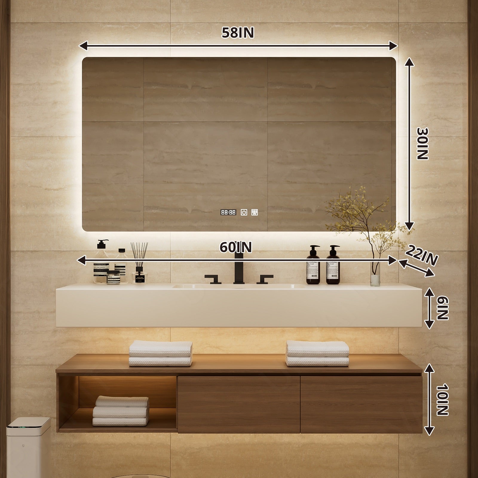 Modern Bath Vanity Set, Brown, Split White Top, 40"- 64", Single, Floating, Open Storage, Smart LED Mirror