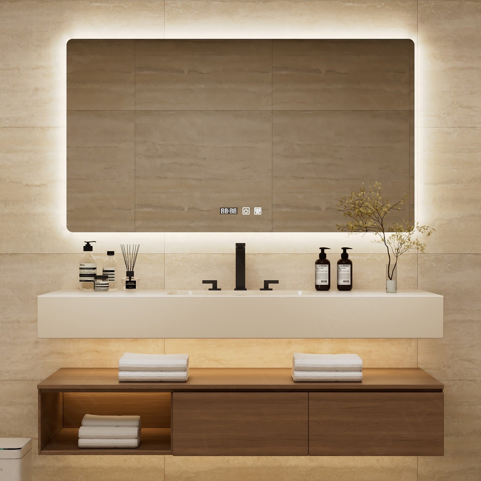 Modern Bath Vanity Set, Brown, Split White Top, 40"- 64", Single, Floating, Open Storage, Smart LED Mirror