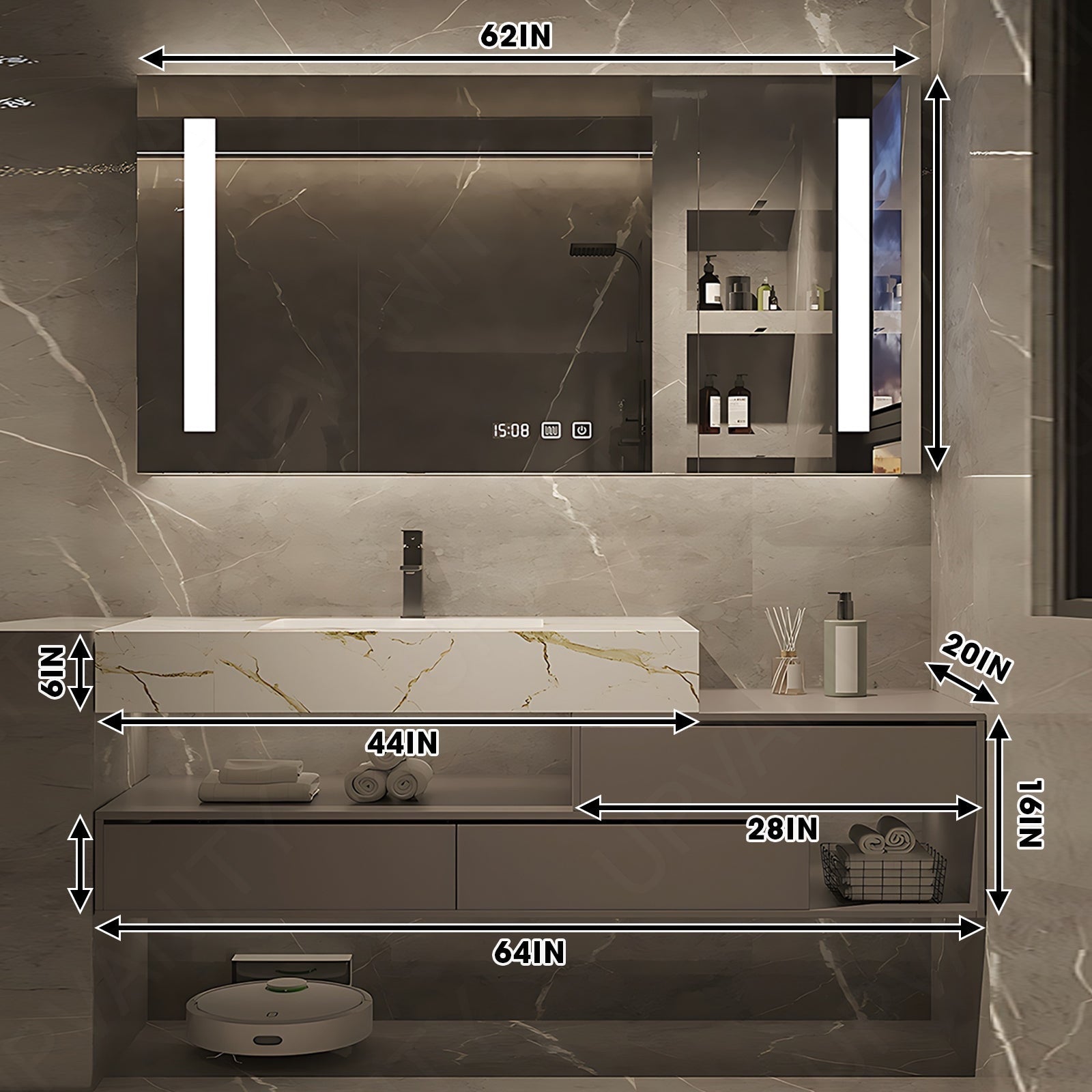 Modern Bath Vanity Set, Brown, Split White Top, 48"- 72", Single, Floating, Smart LED Mirror, Rear Cabinet