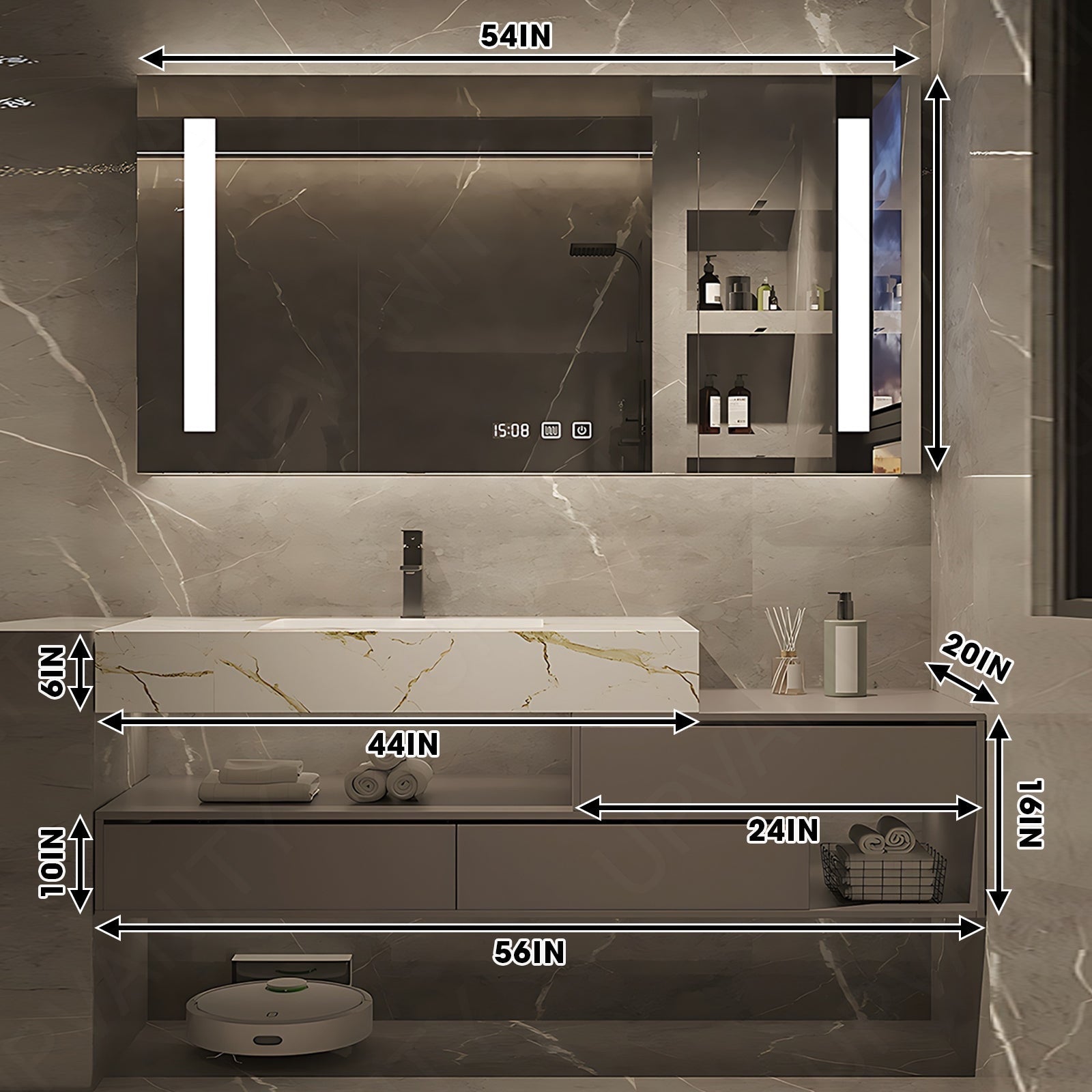 Modern Bath Vanity Set, Brown, Split White Top, 48"- 72", Single, Floating, Smart LED Mirror, Rear Cabinet