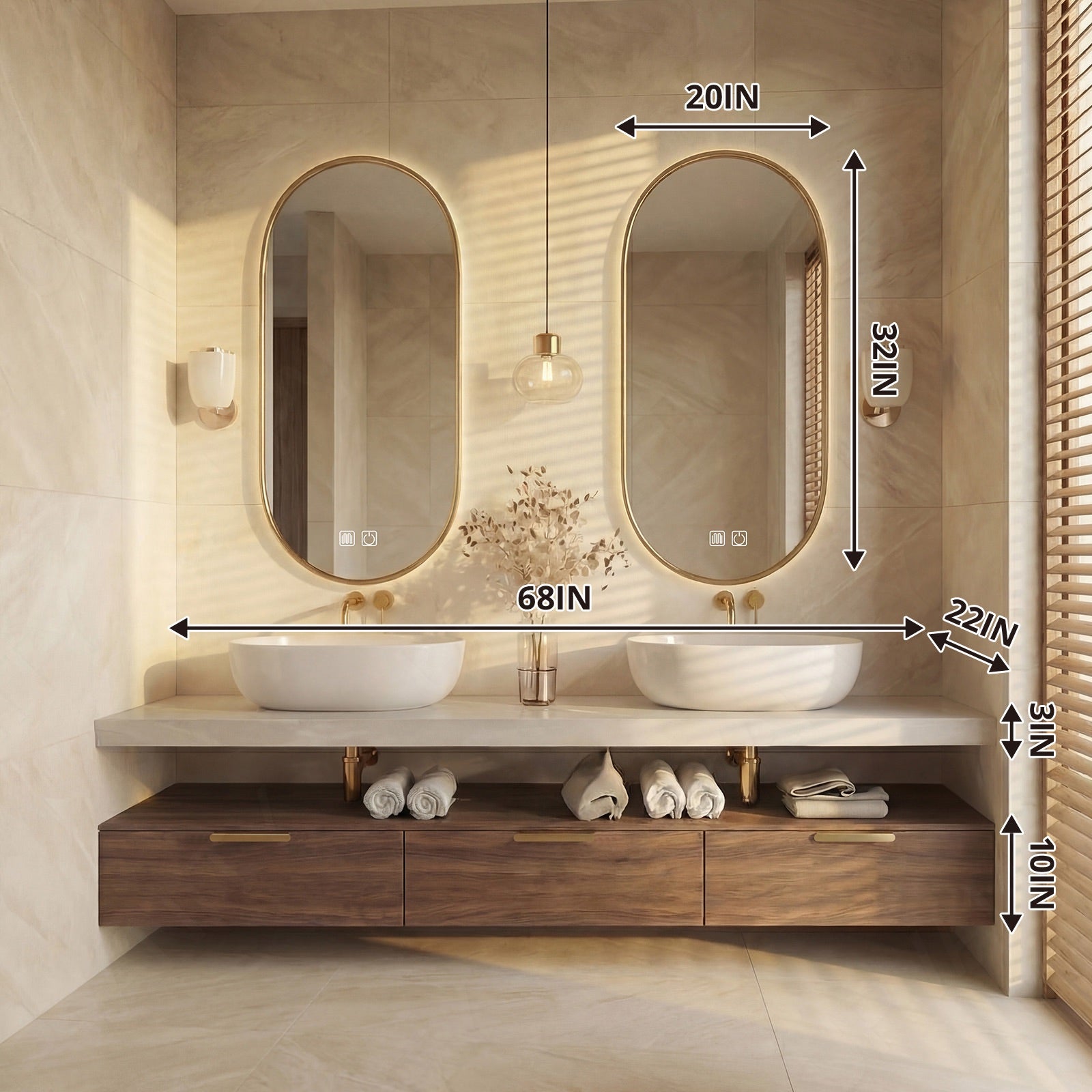 Modern Bath Vanity Set, Brown, Split White Top, 56"-78", Double Vessel Sink, Floating, Dual Oval Smart LED Mirror