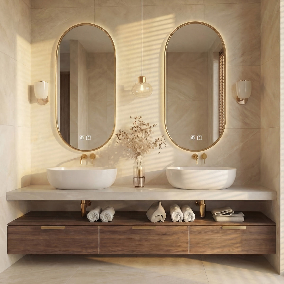 Modern Bath Vanity Set, Brown, Split White Top, 56"-78", Double Vessel Sink, Floating, Dual Oval Smart LED Mirror