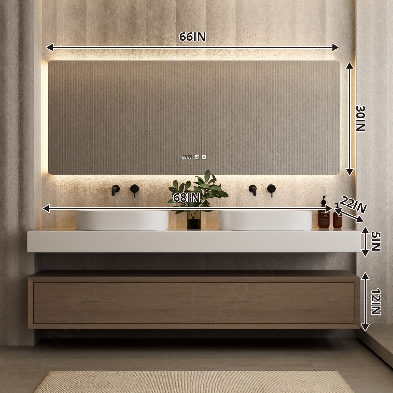 Modern Bath vanity Set, Brown, Split White Top, 56"-78", Single Vessel Sink, Floating, Open Storage, Smart LED Mirror