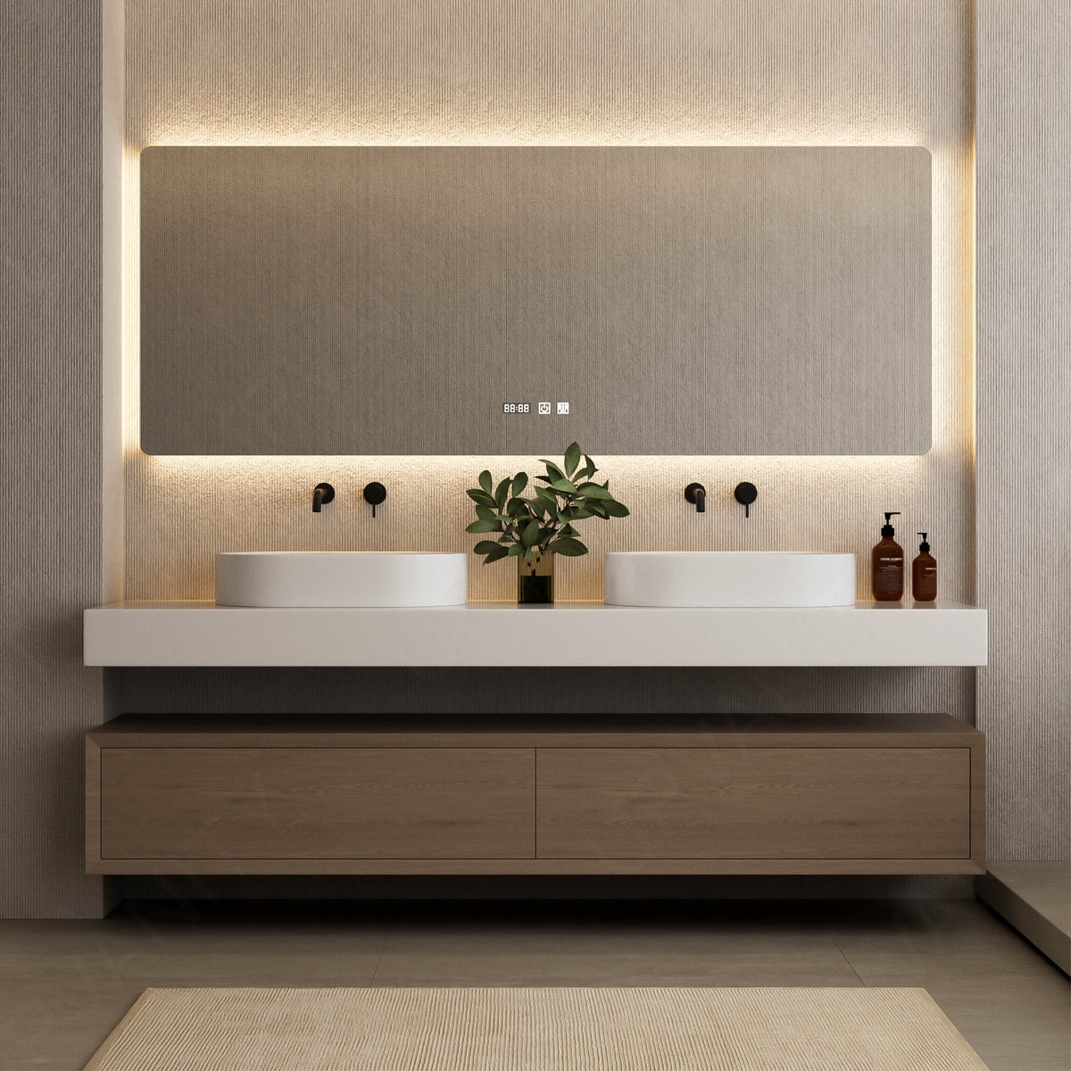 Modern Bath vanity Set, Brown, Split White Top, 56"-78", Single Vessel Sink, Floating, Open Storage, Smart LED Mirror