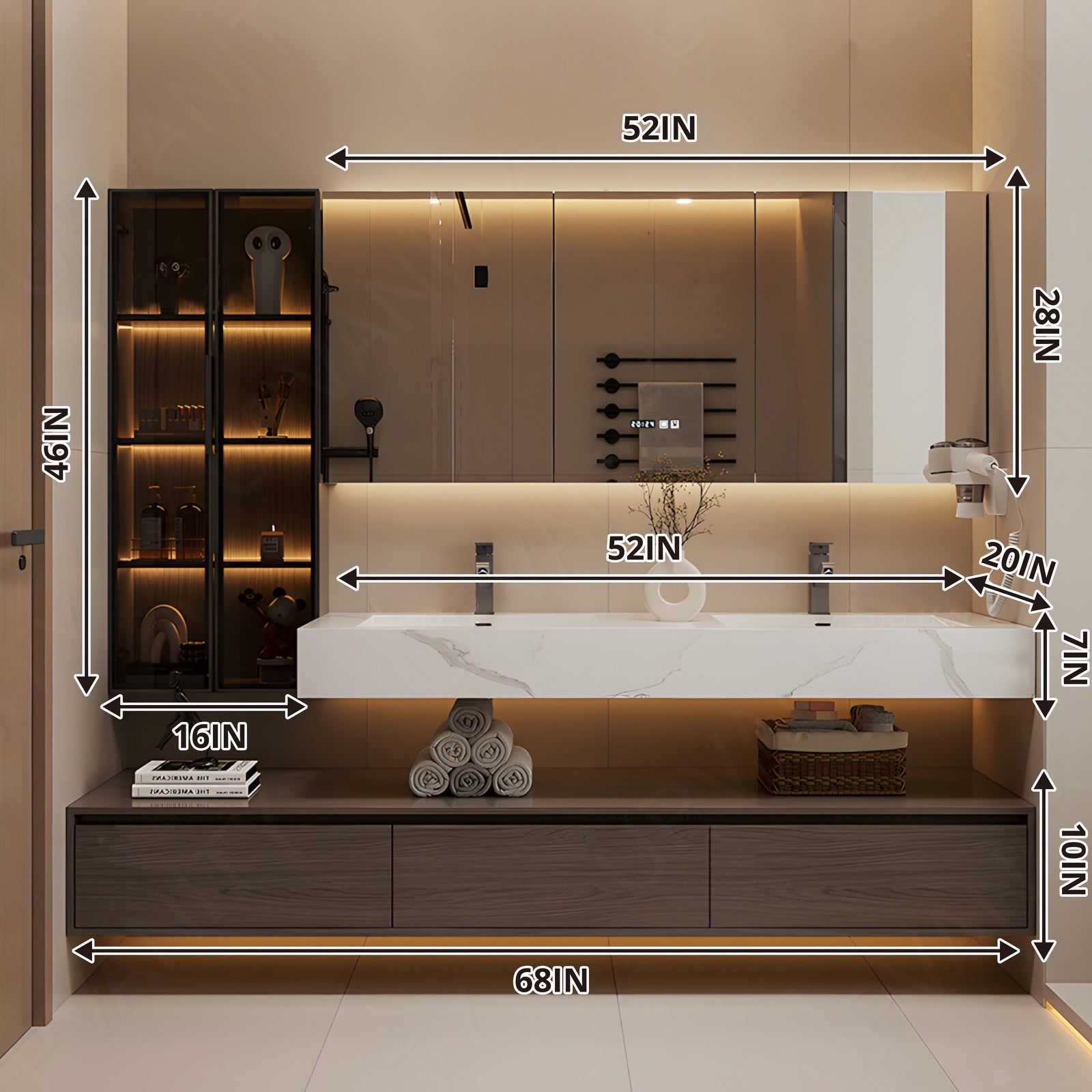 Modern Bath Vanity Set, Brown, Split White Top, Open Storage, 32"-60", Single, Floating, Glass Door, Smart LED Mirror, Line/Rear Cabinet