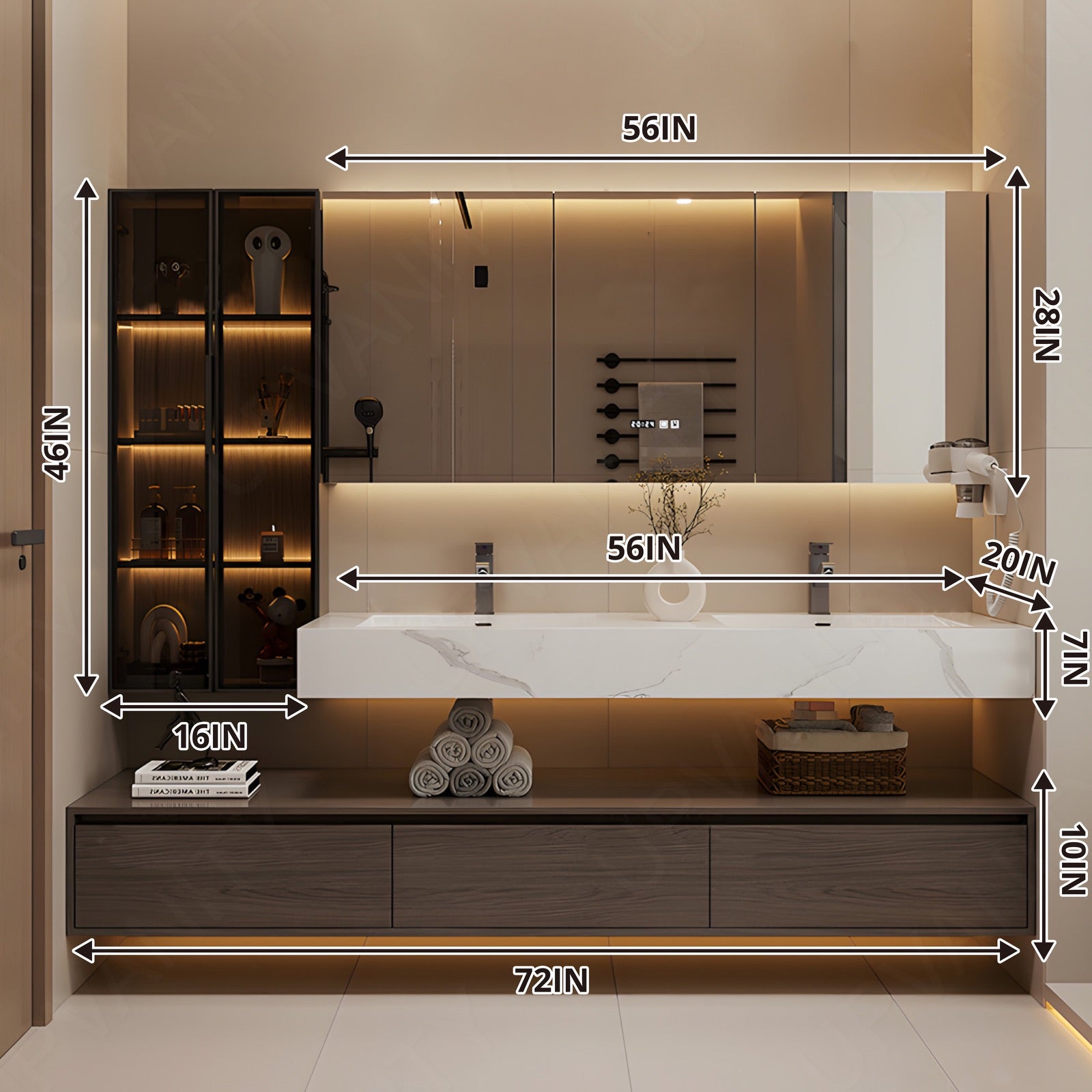 Modern Bath Vanity Set, Brown, Split White Top, Open Storage, 32"-60", Single, Floating, Glass Door, Smart LED Mirror, Line/Rear Cabinet