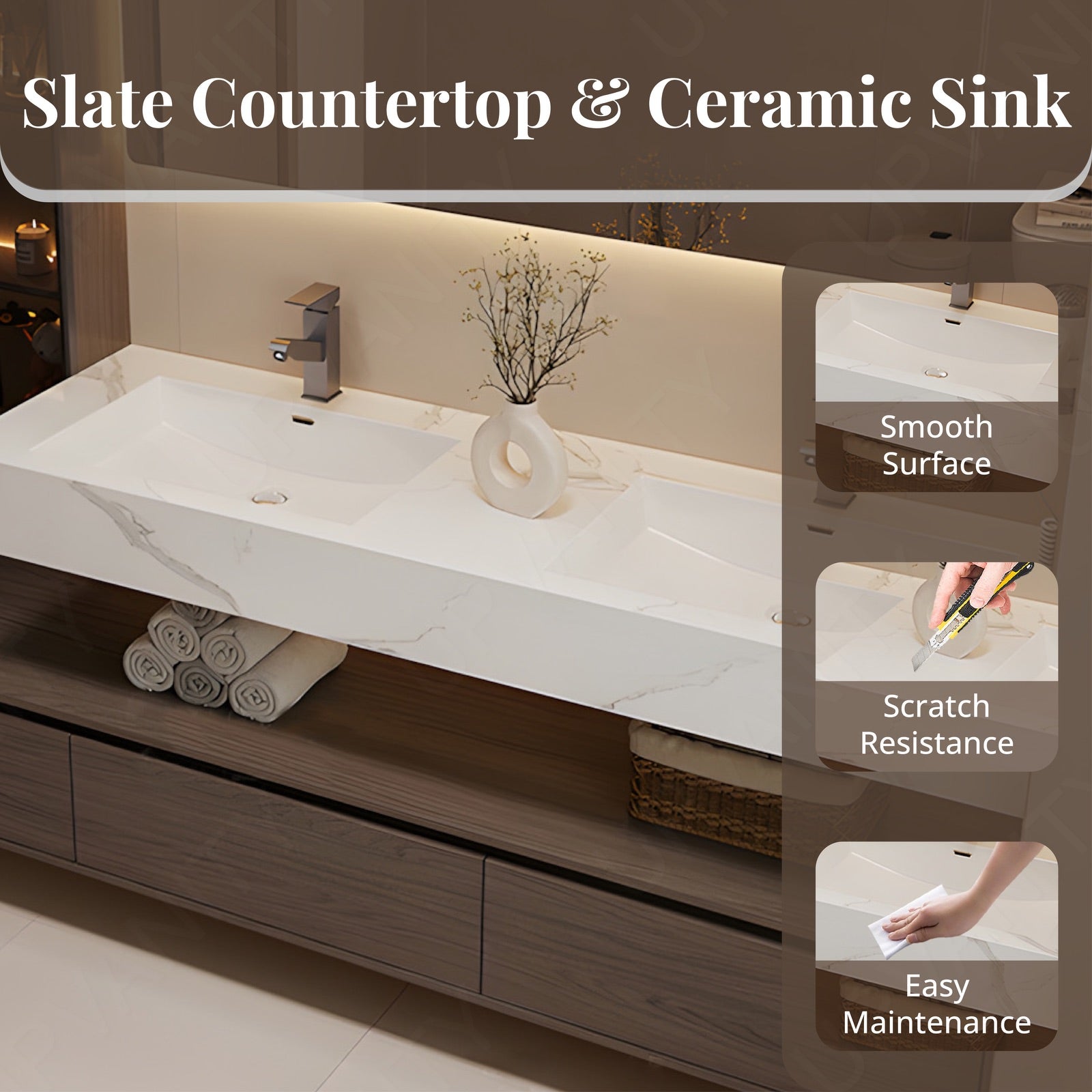 Modern Bath Vanity Set, Brown, Split White Top, Open Storage, 52"-76", Single, Floating, Glass Door, Smart LED Mirror, Line/Rear Cabinet