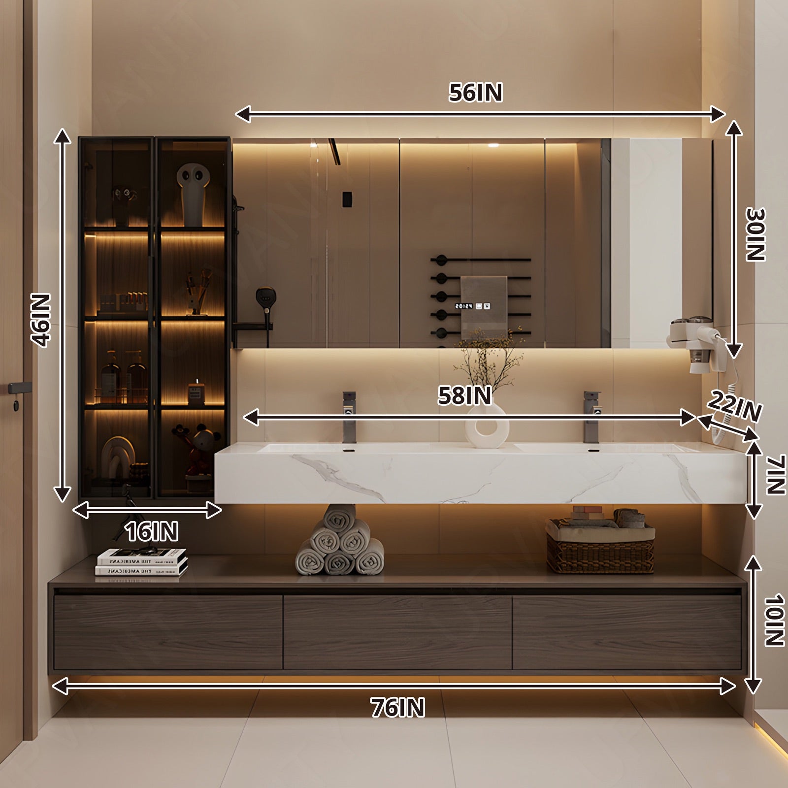 Modern Bath Vanity Set, Brown, Split White Top, Open Storage, 52"-76", Single, Floating, Glass Door, Smart LED Mirror, Line/Rear Cabinet