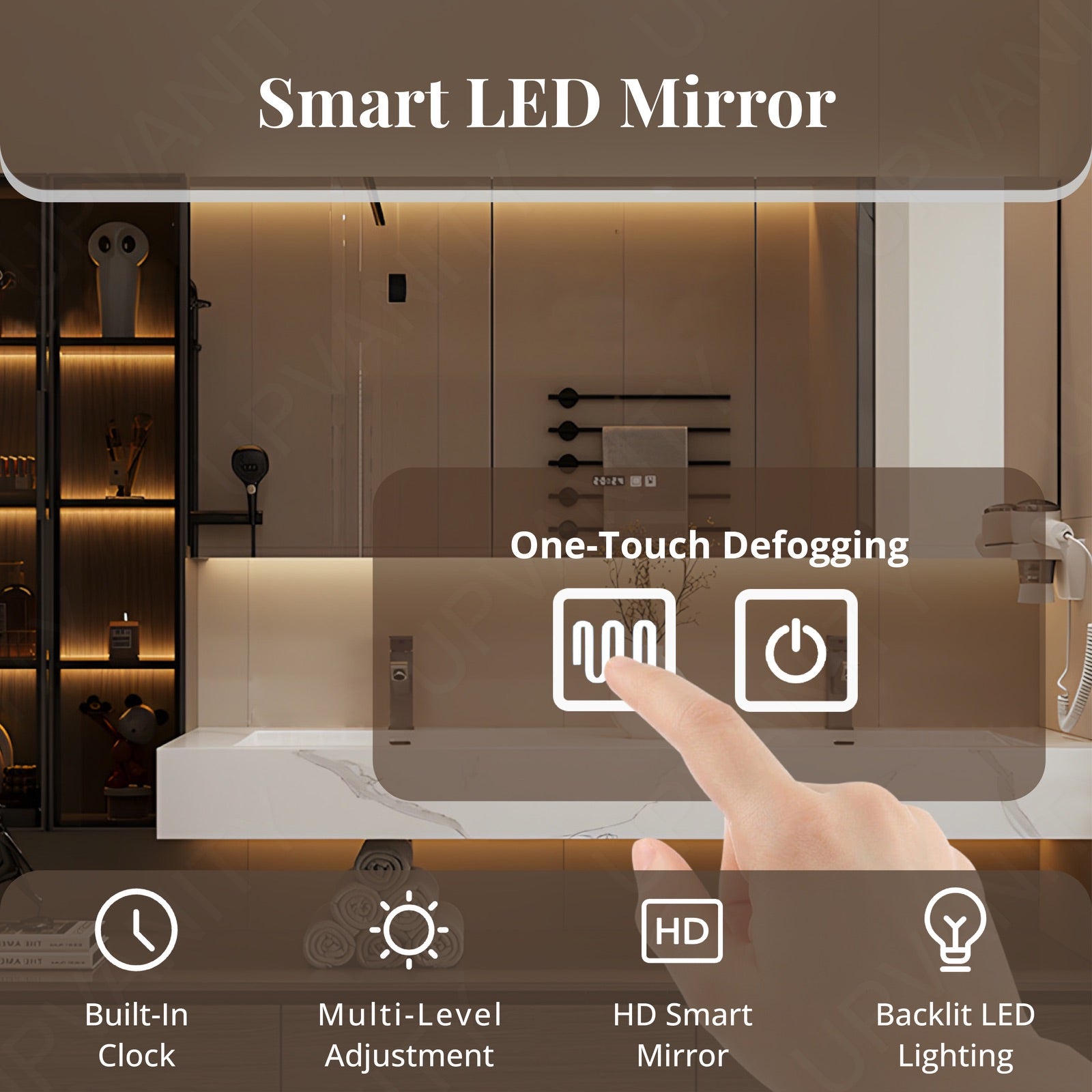 Modern Bath Vanity Set, Brown, Split White Top, Open Storage, 52"-76", Single, Floating, Glass Door, Smart LED Mirror, Line/Rear Cabinet
