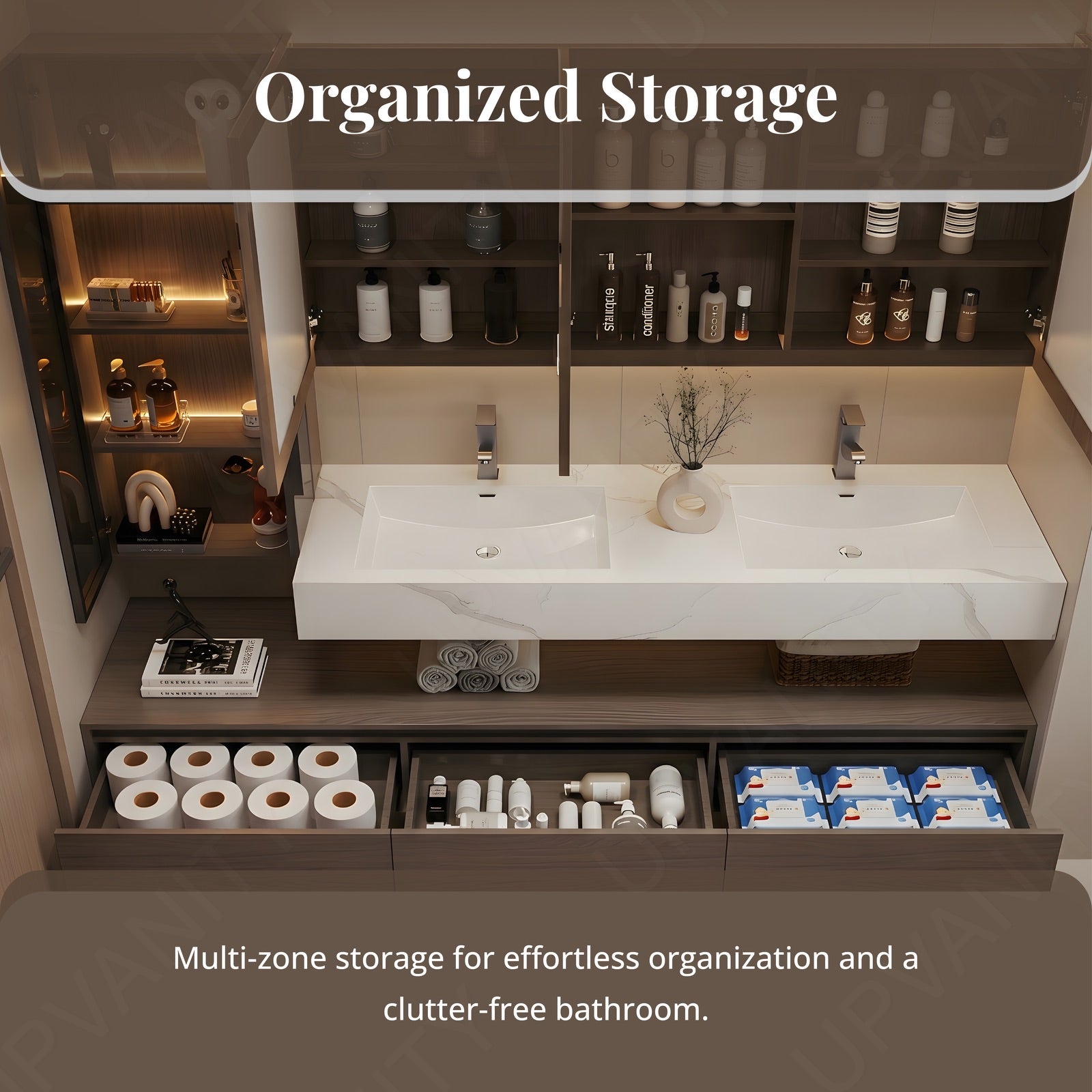 Modern Bath Vanity Set, Brown, Split White Top, Open Storage, 52"-76", Single, Floating, Glass Door, Smart LED Mirror, Line/Rear Cabinet