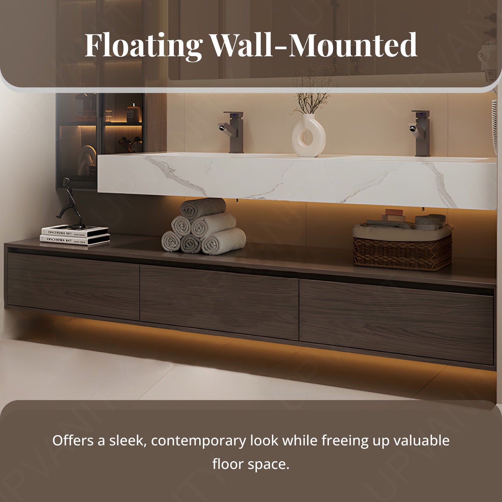 Modern Bath Vanity Set, Brown, Split White Top, Open Storage, 52"-76", Single, Floating, Glass Door, Smart LED Mirror, Line/Rear Cabinet