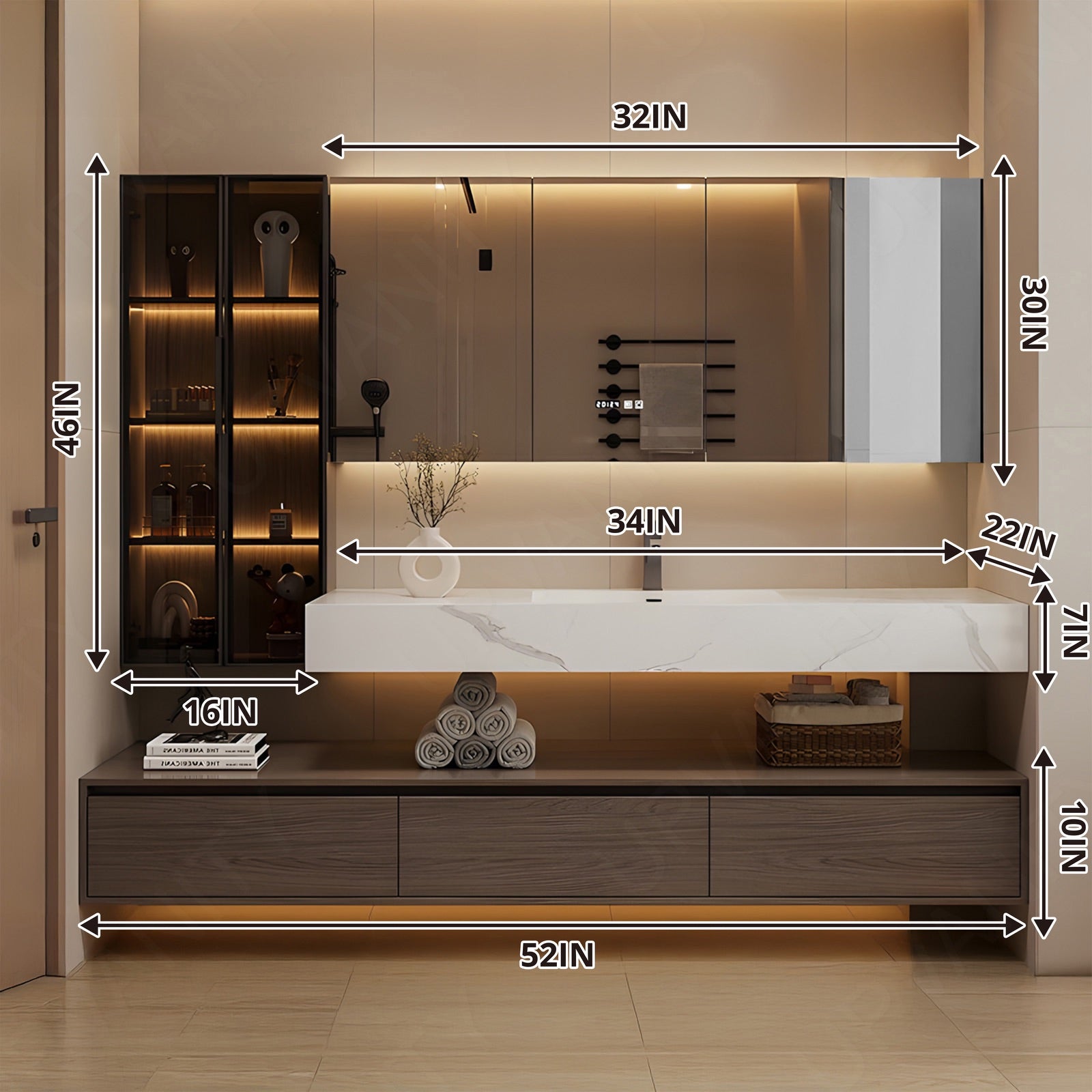 Modern Bath Vanity Set, Brown, Split White Top, Open Storage, 52"-76", Single, Floating, Glass Door, Smart LED Mirror, Line/Rear Cabinet