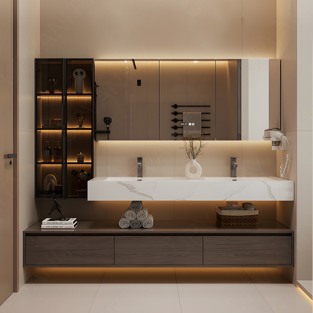 Modern Bath Vanity Set, Brown, Split White Top, Open Storage, 52"-76", Single, Floating, Glass Door, Smart LED Mirror, Line/Rear Cabinet