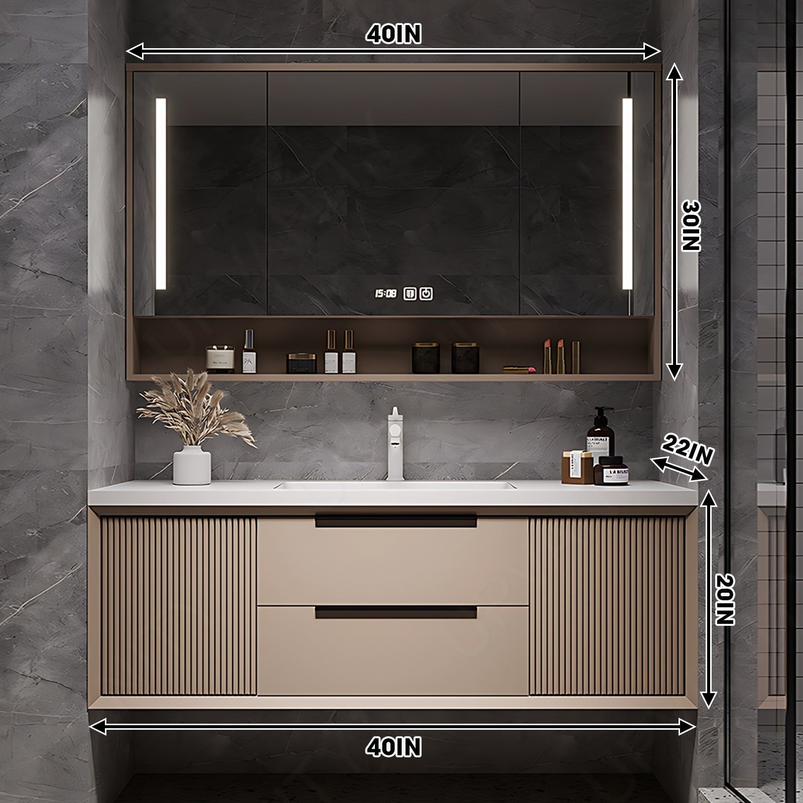 Modern Bath Vanity Set, Brown, Striped Panel, 36"- 64", Single, Floating, Smart LED Mirror, Rear Cabinet