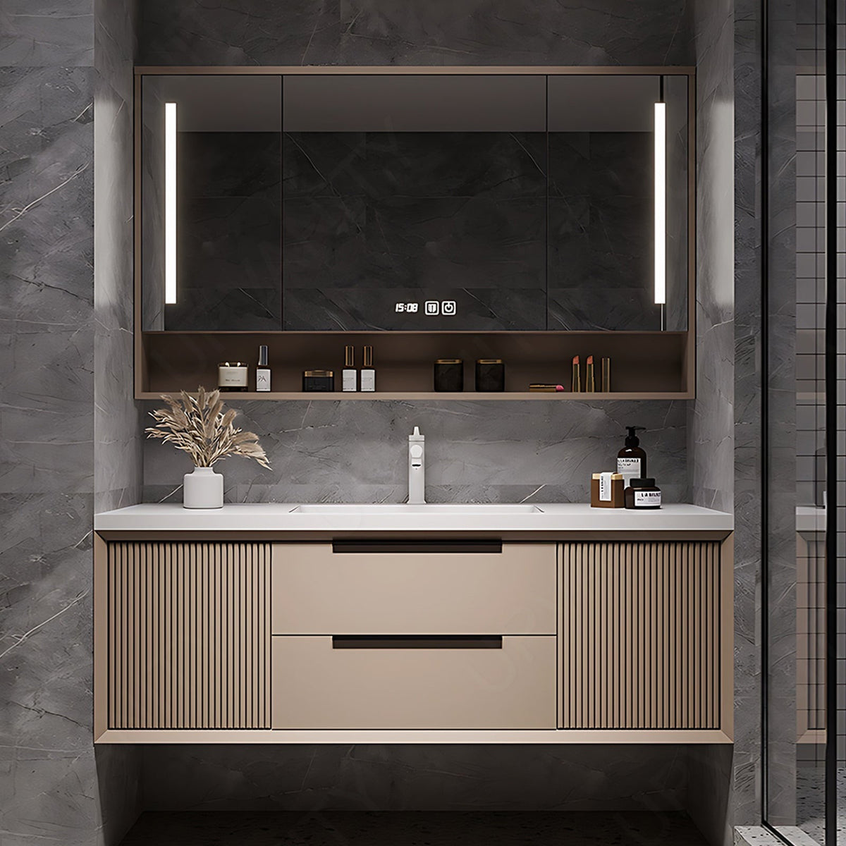 Modern Bath Vanity Set, Brown, Striped Panel, 36"- 64", Single, Floating, Smart LED Mirror, Rear Cabinet
