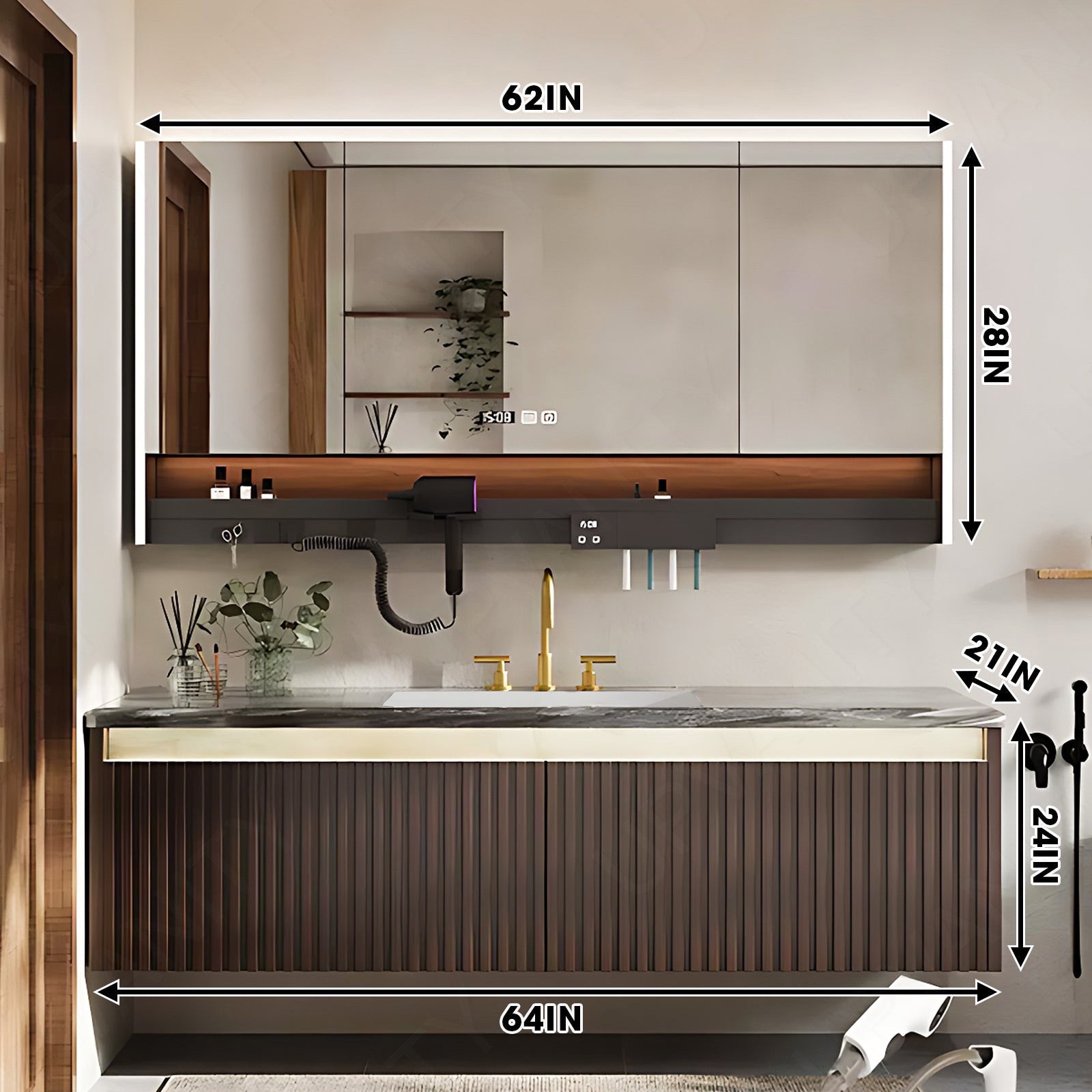 Modern Bath Vanity Set, Brown, Striped Panel, 36"- 72", Single, Floating, Smart LED Mirror, Rear Cabinet, Storage Rack