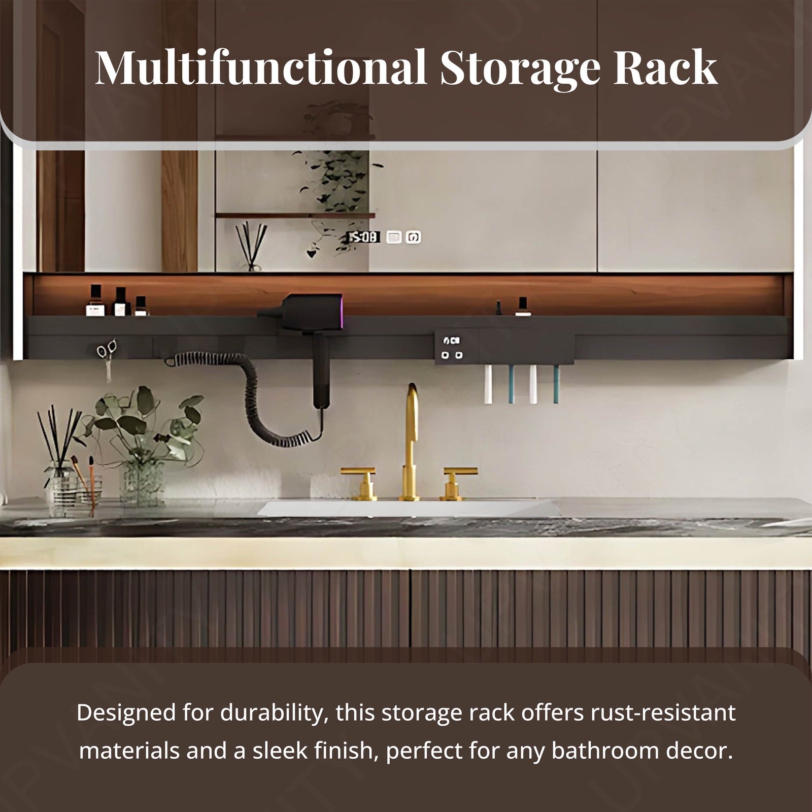 Modern Bath Vanity Set, Brown, Striped Panel, 36"- 72", Single, Floating, Smart LED Mirror, Rear Cabinet, Storage Rack