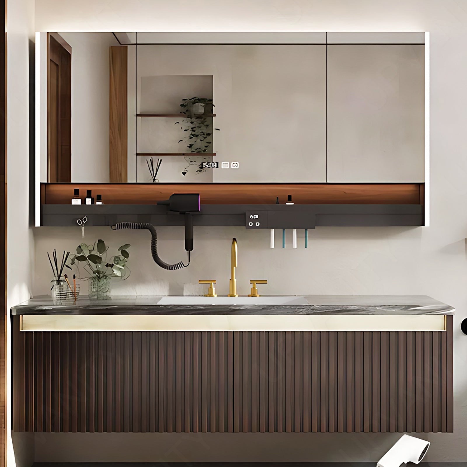 Modern Bath Vanity Set, Brown, Striped Panel, 36"- 72", Single, Floating, Smart LED Mirror, Rear Cabinet, Storage Rack