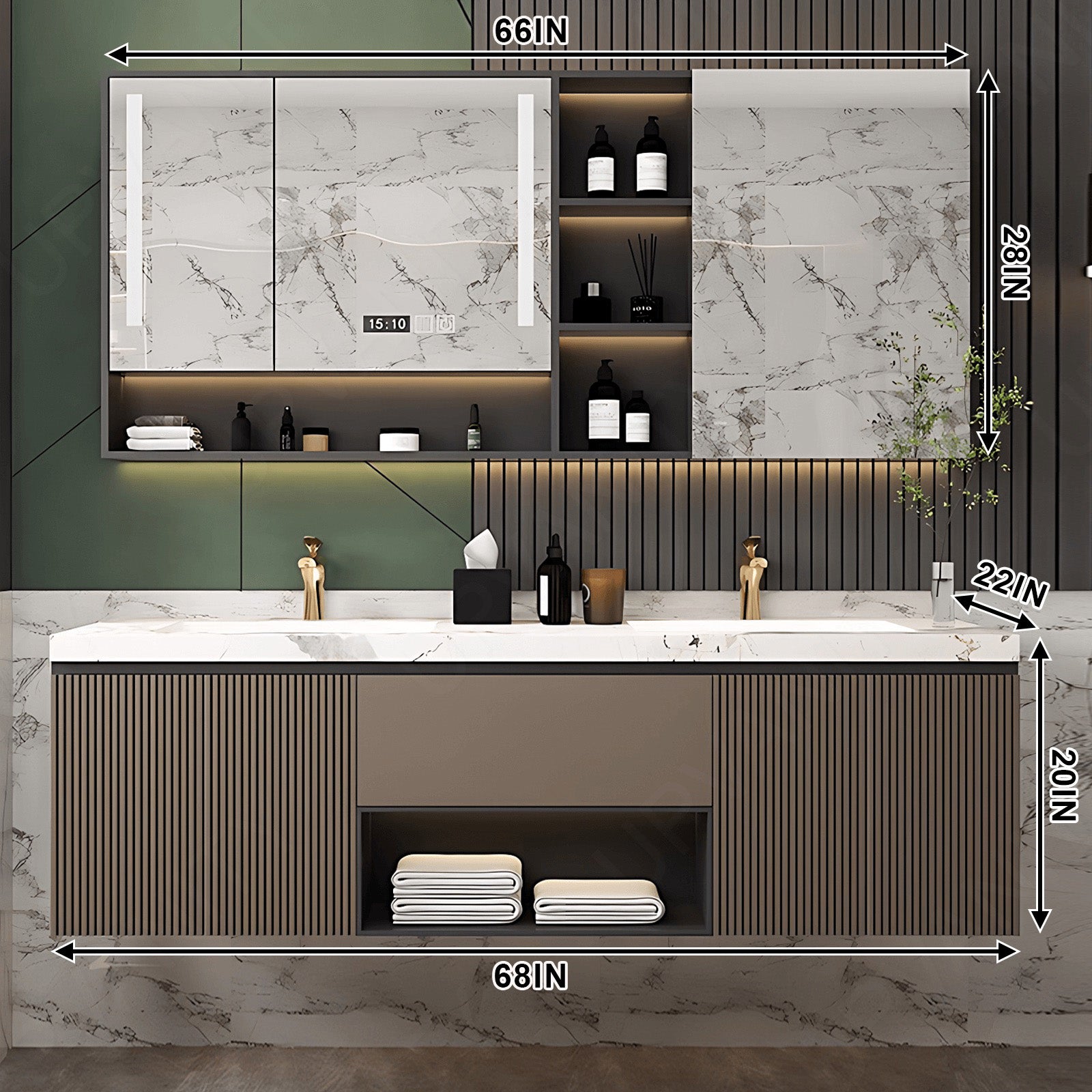 Modern Bath Vanity Set, Brown, Striped Panel, 52"- 78", Double, Floating, Smart LED Mirror, Rear and Side Cabinet