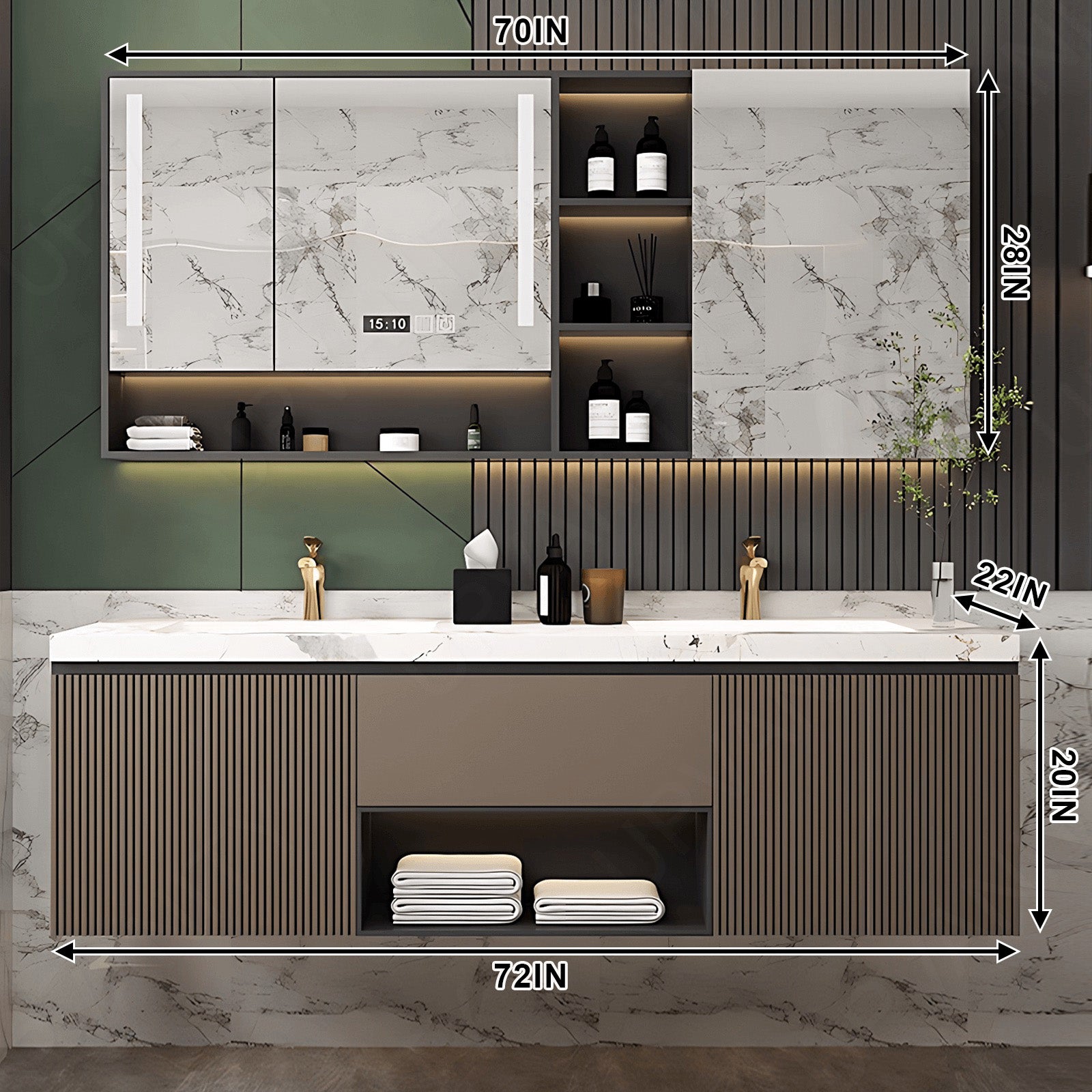 Modern Bath Vanity Set, Brown, Striped Panel, 52"- 78", Double, Floating, Smart LED Mirror, Rear and Side Cabinet