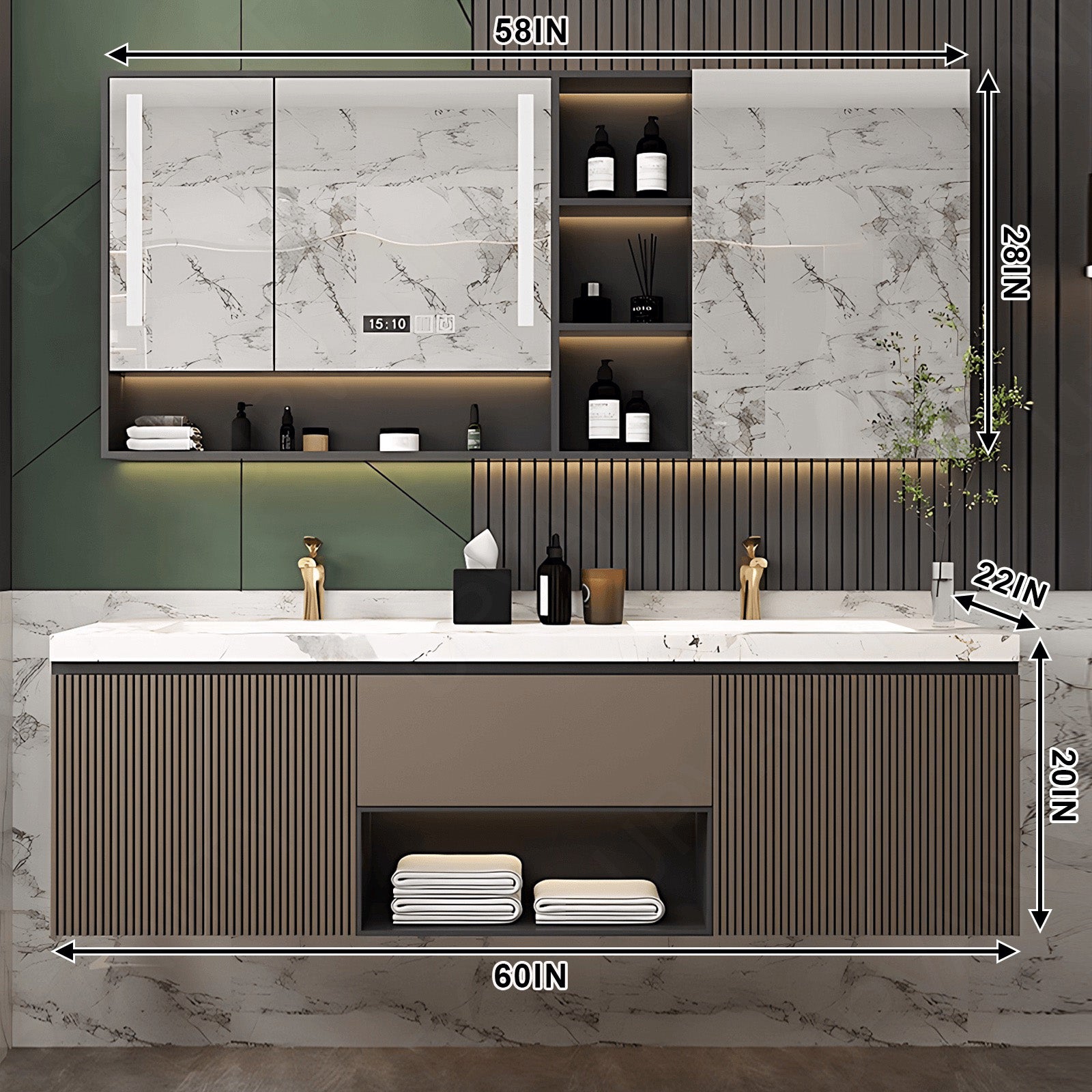 Modern Bath Vanity Set, Brown, Striped Panel, 52"- 78", Double, Floating, Smart LED Mirror, Rear and Side Cabinet