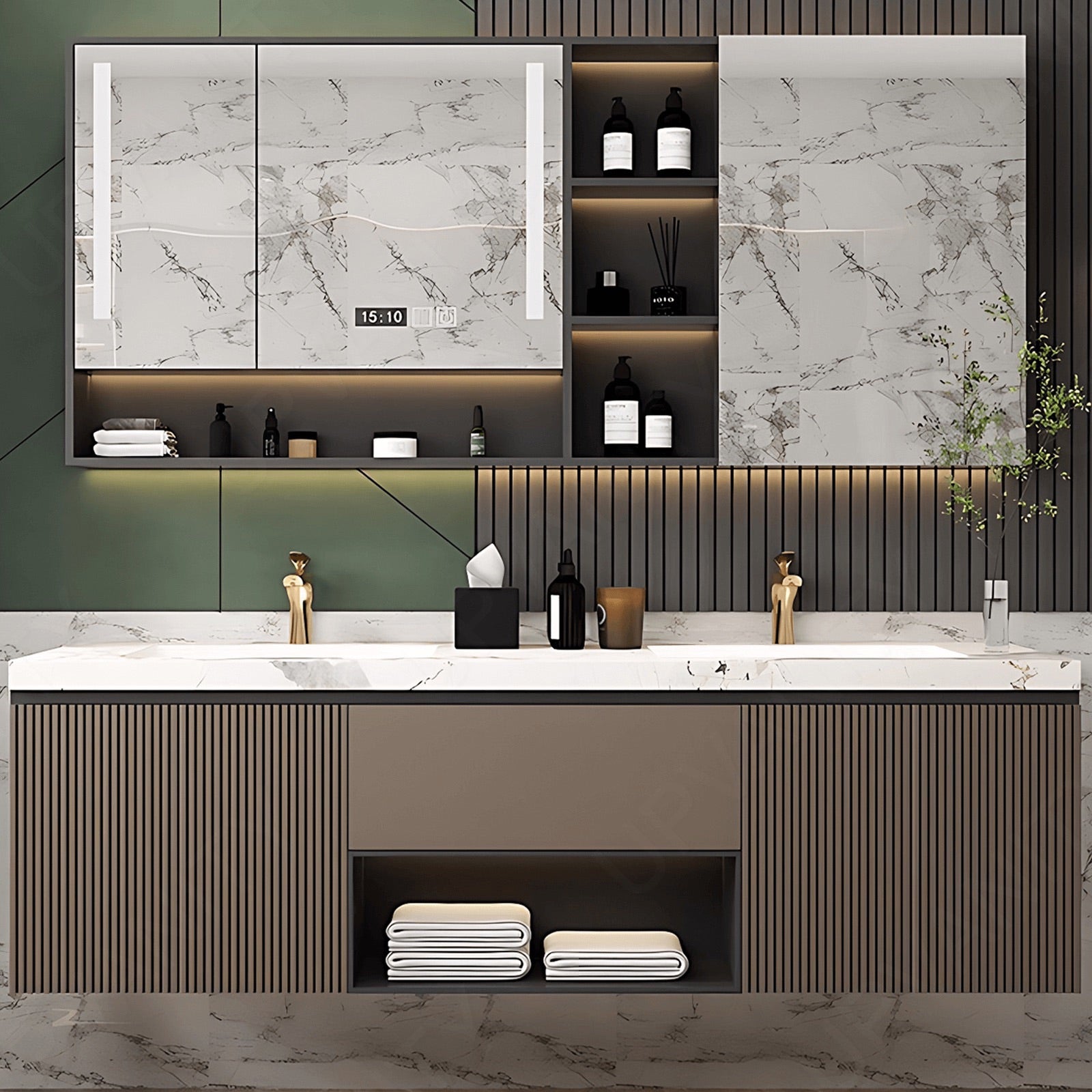 Modern Bath Vanity Set, Brown, Striped Panel, 52"- 78", Double, Floating, Smart LED Mirror, Rear and Side Cabinet