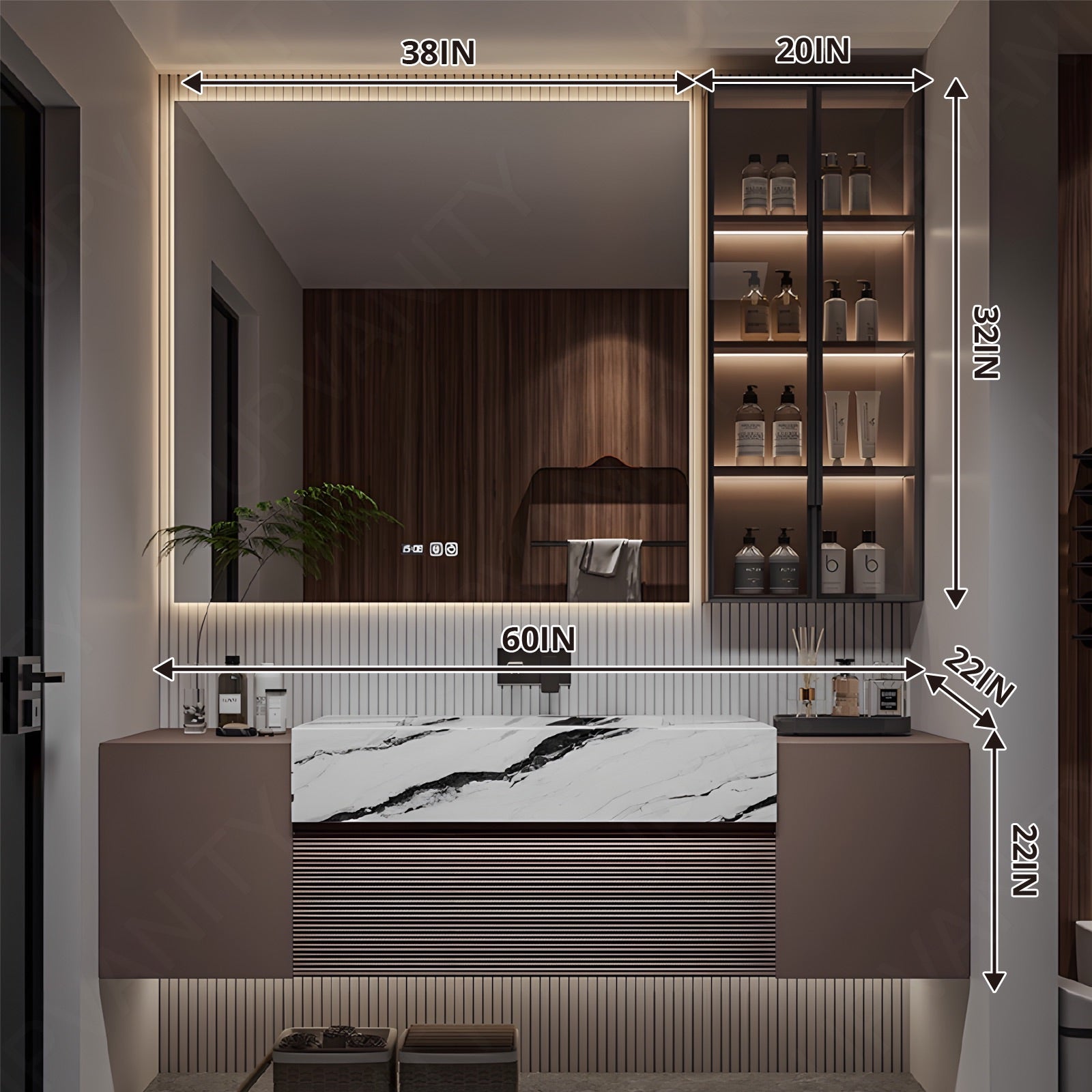 Modern Bath Vanity Set, Brown, Striped Panel, 56"- 72", Single, Floating, Smart LED Mirror, Side Cabinet