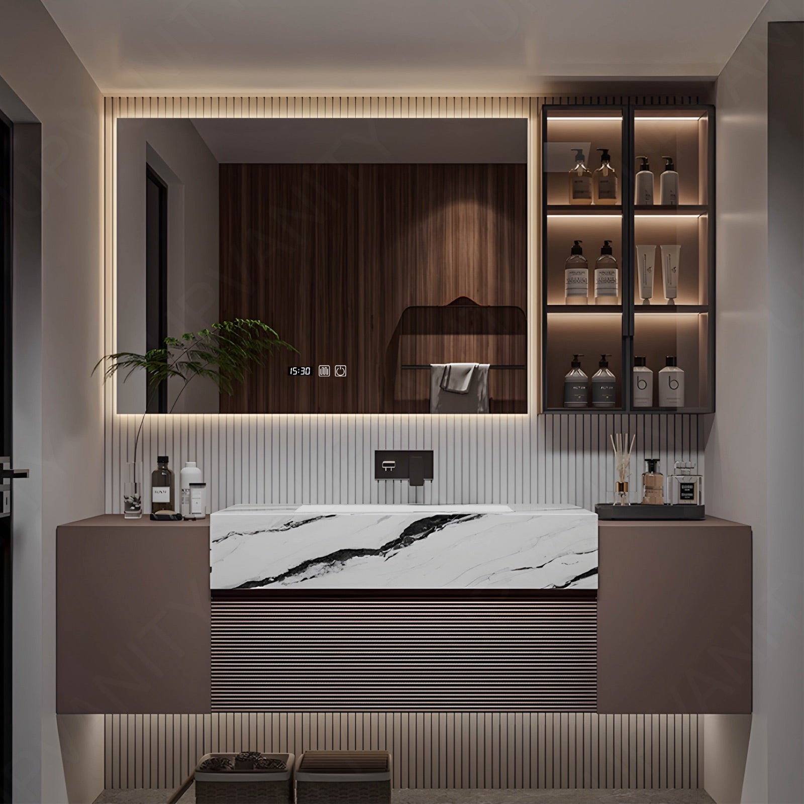Modern Bath Vanity Set, Brown, Striped Panel, 56"- 72", Single, Floating, Smart LED Mirror, Side Cabinet