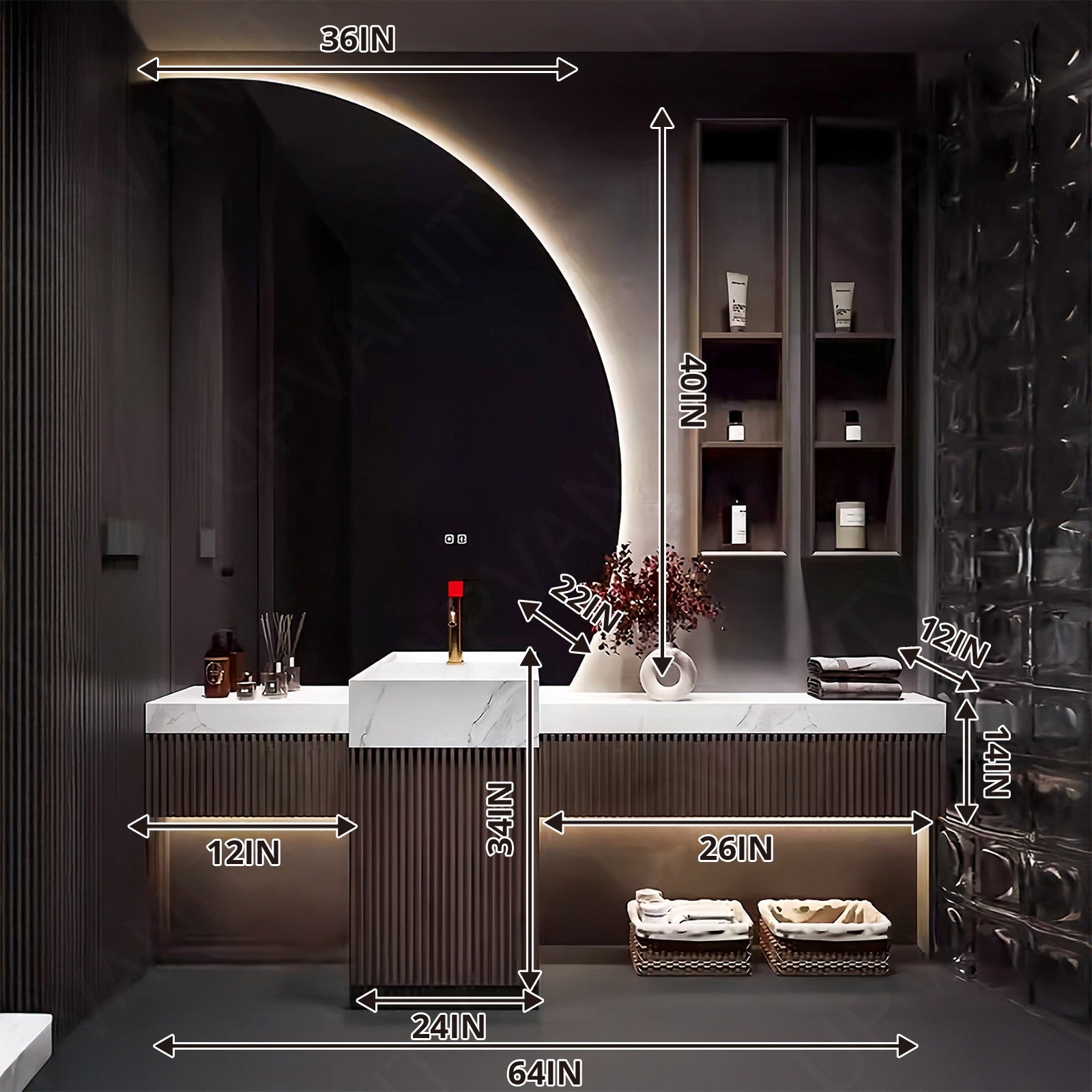 Modern Bath Vanity Set, Brown, Striped Panel, 56"- 72", Single, Freestanding, Irregular Smart LED Mirror