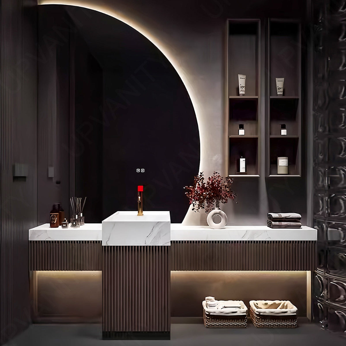 Modern Bath Vanity Set, Brown, Striped Panel, 56"- 72", Single, Freestanding, Irregular Smart LED Mirror