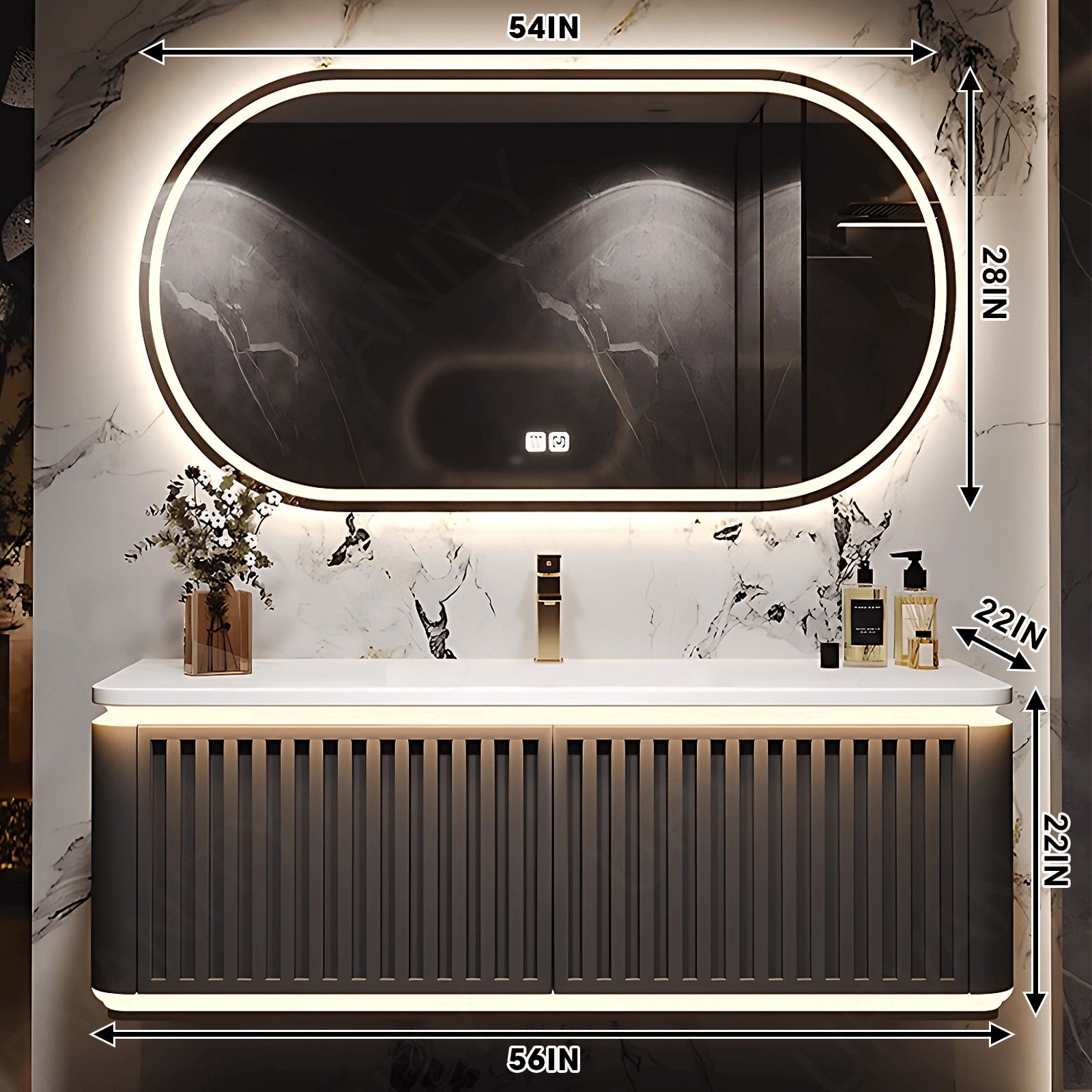 Modern Bath Vanity Set, Brown, Striped Panel, Rounded Edge, 40"- 72", Single, Floating, Sensor Light, Oval Smart LED Mirror