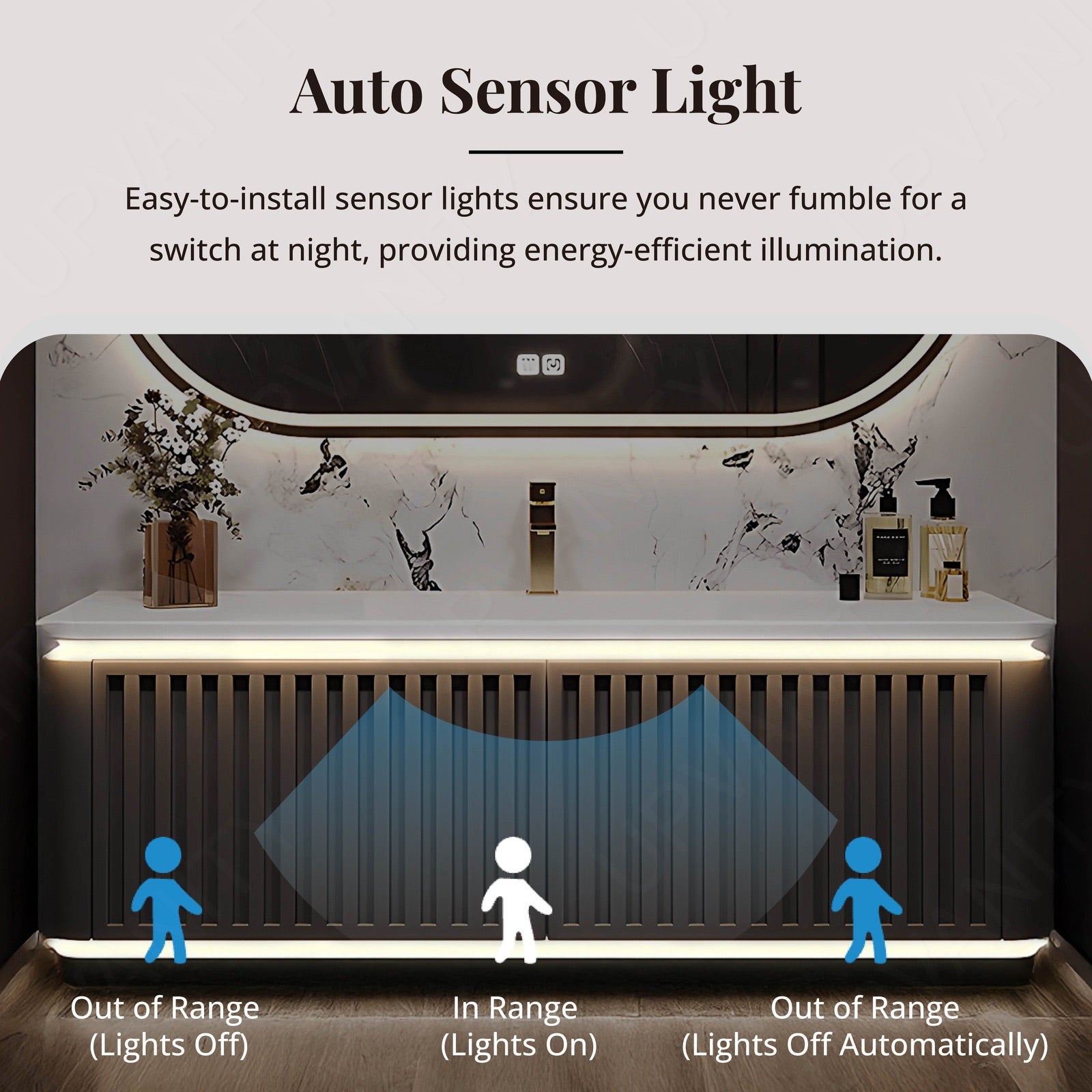 Modern Bath Vanity Set, Brown, Striped Panel, Rounded Edge, 40"- 72", Single, Floating, Sensor Light, Oval Smart LED Mirror