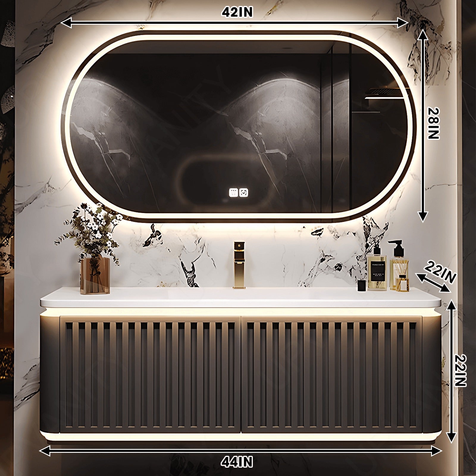 Modern Bath Vanity Set, Brown, Striped Panel, Rounded Edge, 40"- 72", Single, Floating, Sensor Light, Oval Smart LED Mirror