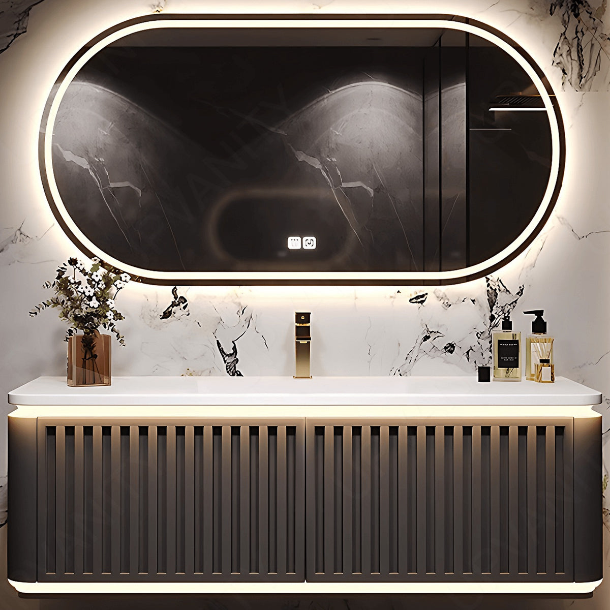 Modern Bath Vanity Set, Brown, Striped Panel, Rounded Edge, 40"- 72", Single, Floating, Sensor Light, Oval Smart LED Mirror
