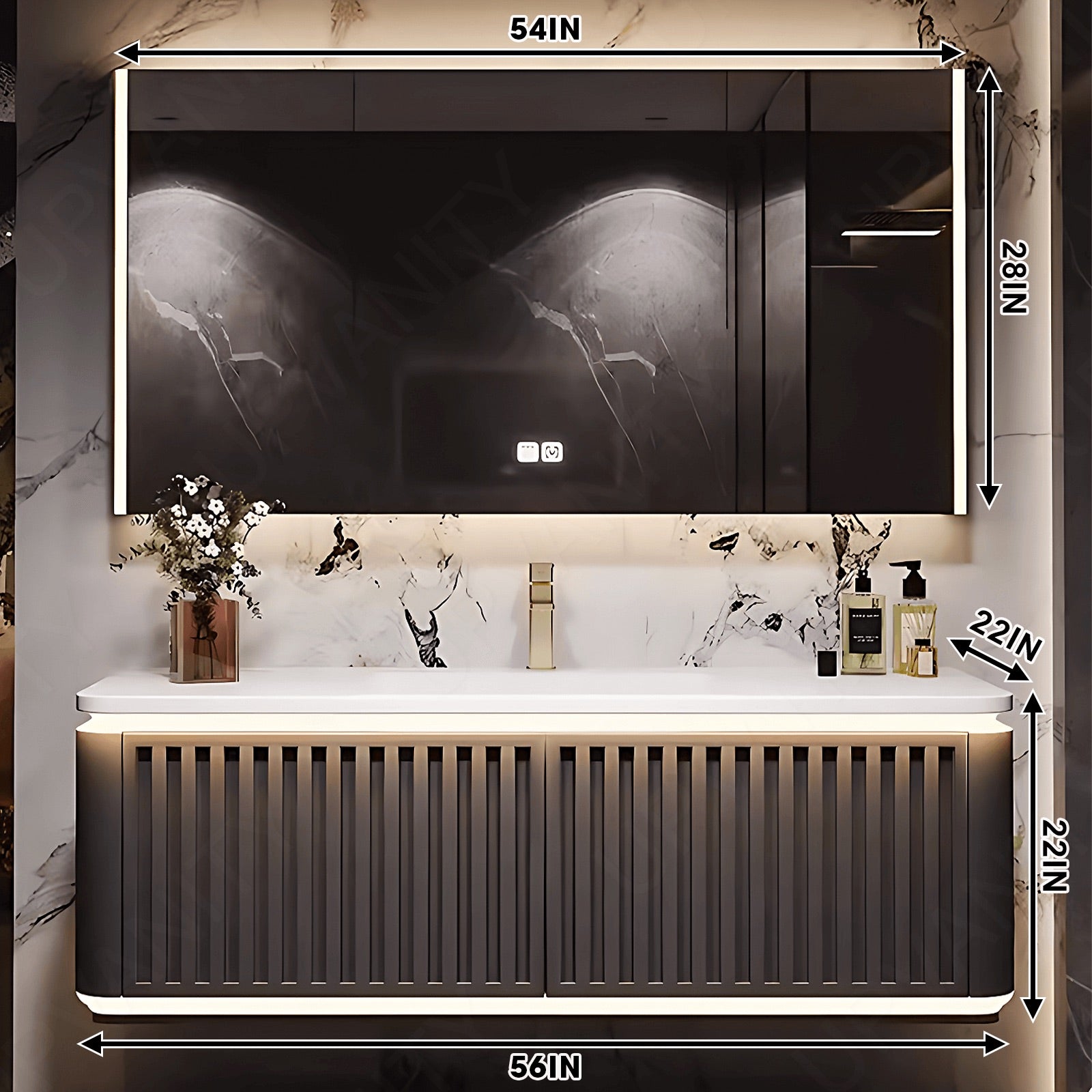 Modern Bath Vanity Set, Brown, Striped Panel, Rounded Edge, 40"- 72", Single, Floating, Sensor Light, Smart LED Mirror, Rear Cabinet