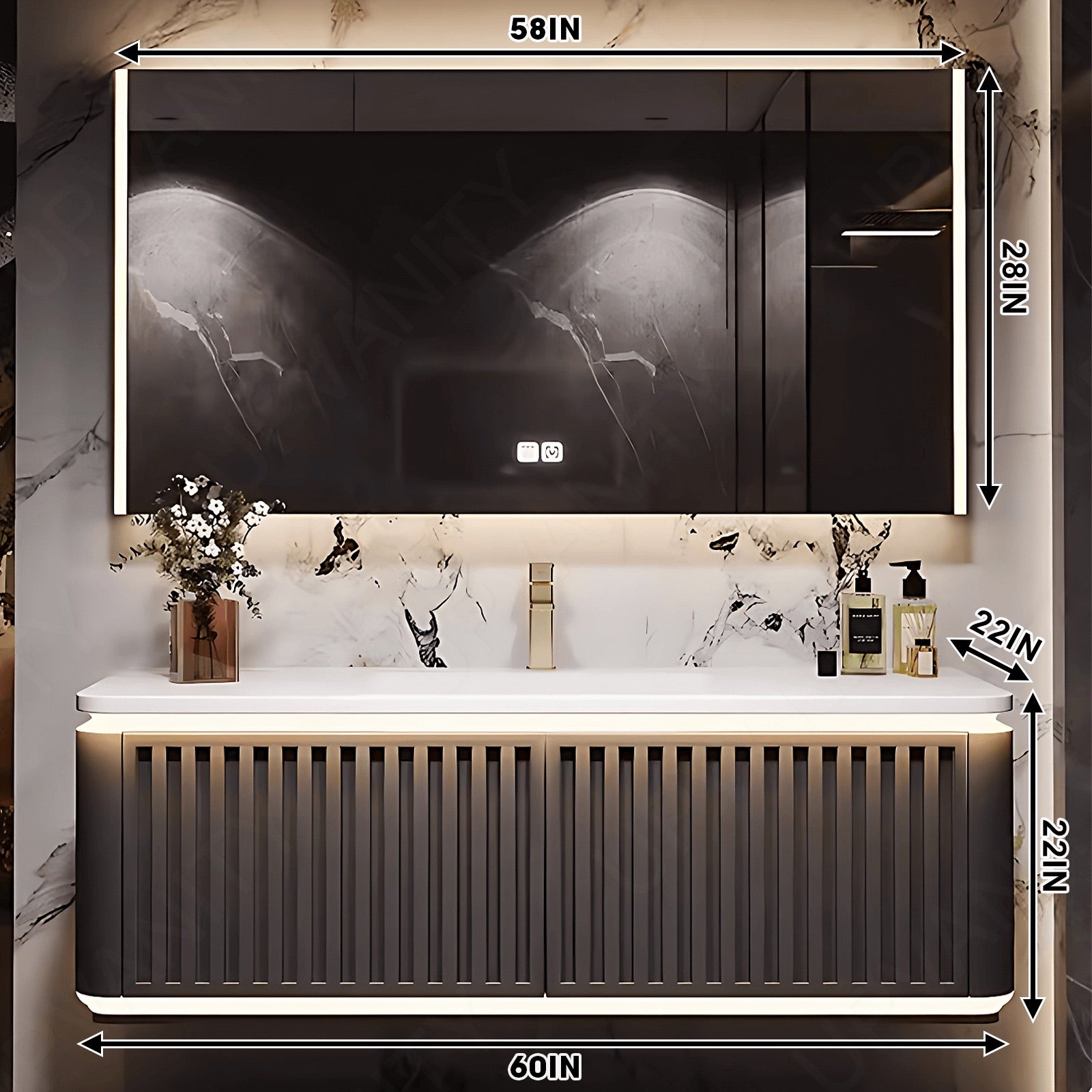 Modern Bath Vanity Set, Brown, Striped Panel, Rounded Edge, 40"- 72", Single, Floating, Sensor Light, Smart LED Mirror, Rear Cabinet