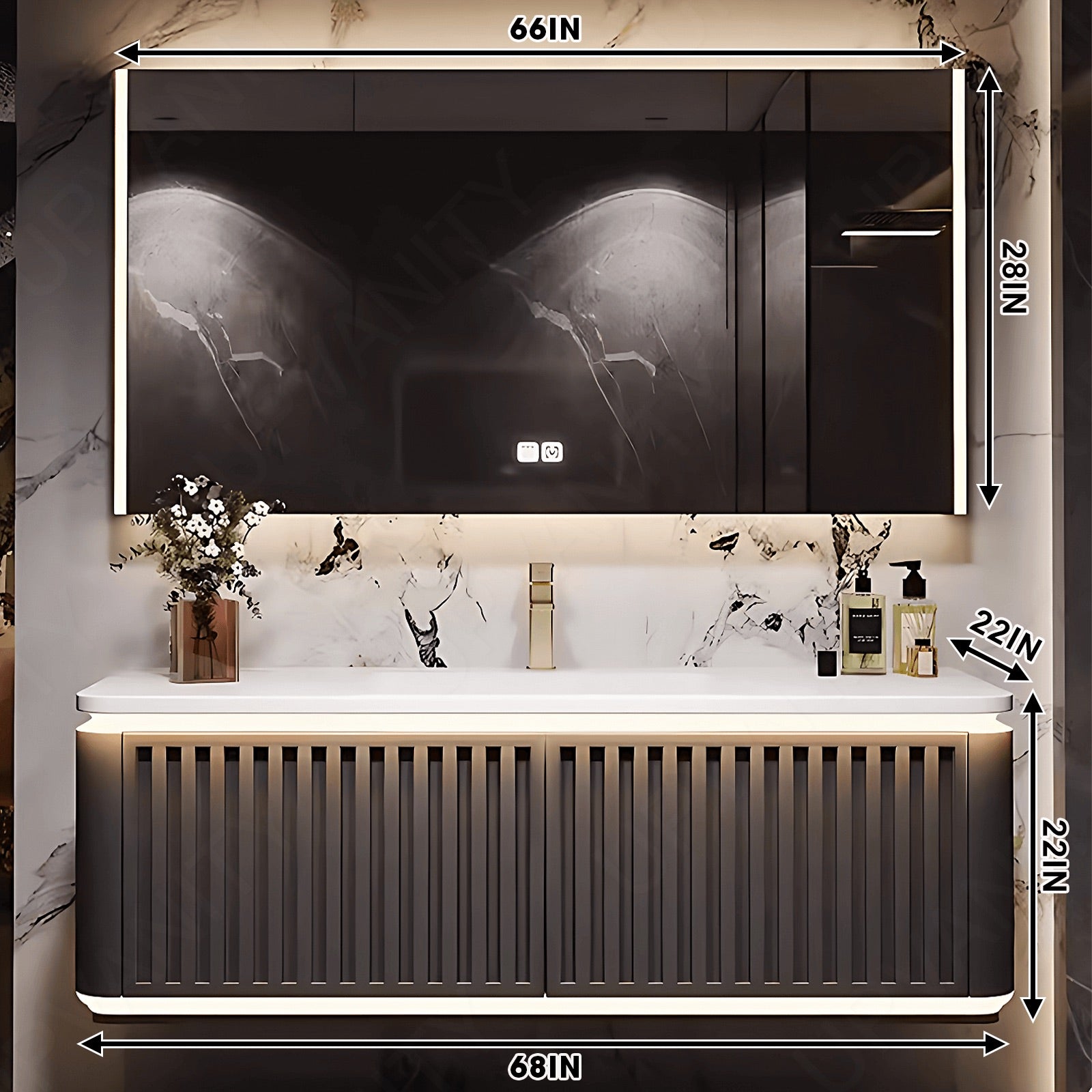 Modern Bath Vanity Set, Brown, Striped Panel, Rounded Edge, 40"- 72", Single, Floating, Sensor Light, Smart LED Mirror, Rear Cabinet