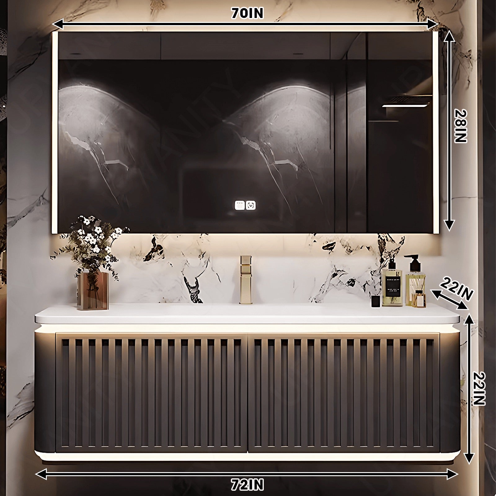 Modern Bath Vanity Set, Brown, Striped Panel, Rounded Edge, 40"- 72", Single, Floating, Sensor Light, Smart LED Mirror, Rear Cabinet