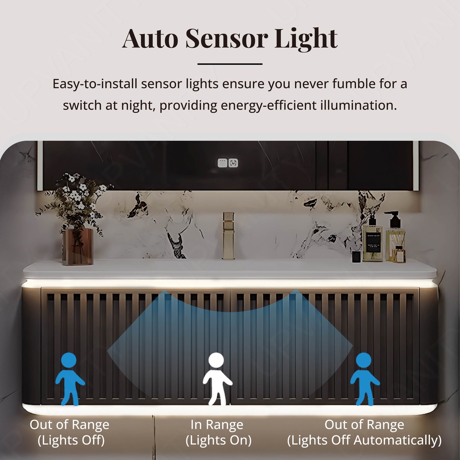 Modern Bath Vanity Set, Brown, Striped Panel, Rounded Edge, 40"- 72", Single, Floating, Sensor Light, Smart LED Mirror, Rear Cabinet