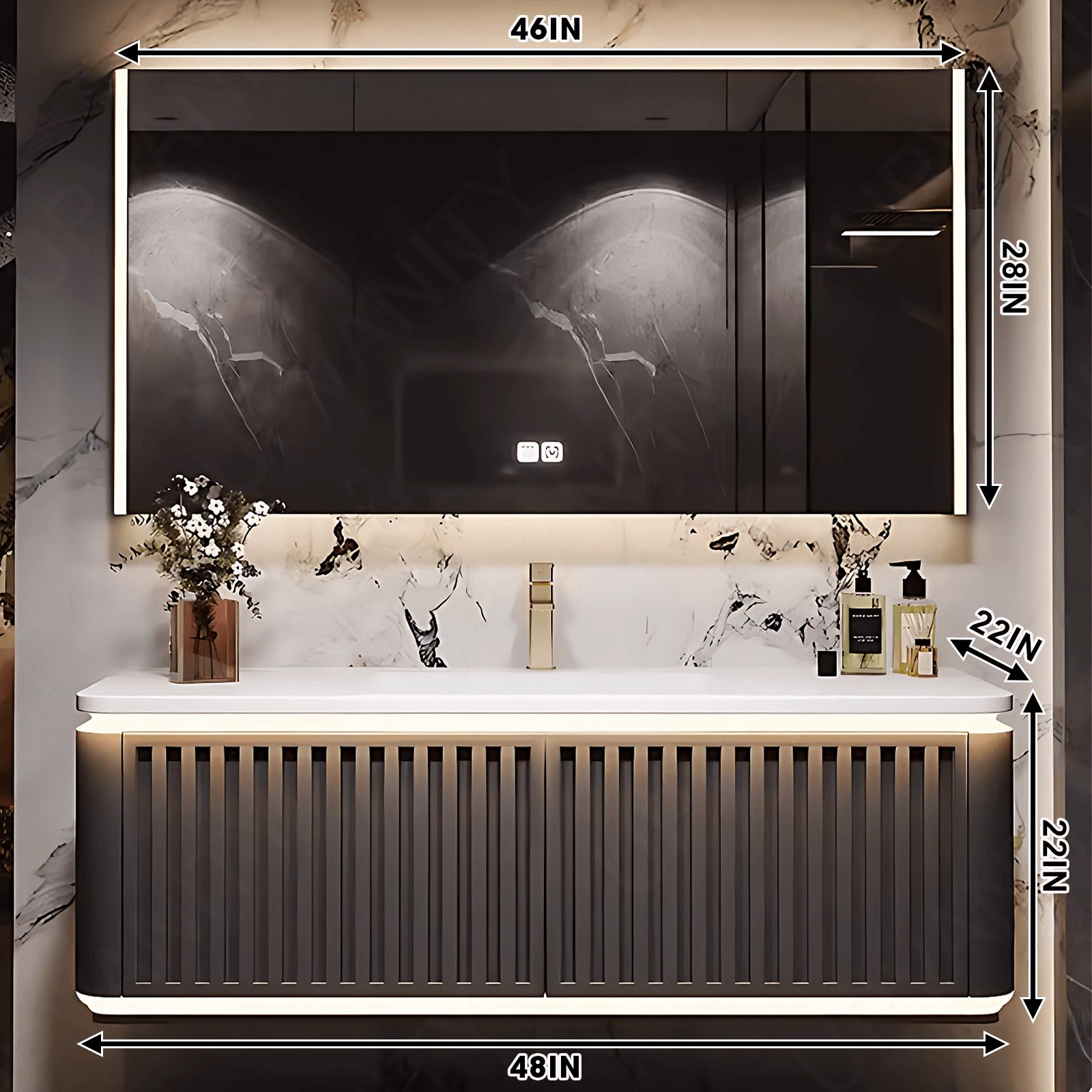 Modern Bath Vanity Set, Brown, Striped Panel, Rounded Edge, 40"- 72", Single, Floating, Sensor Light, Smart LED Mirror, Rear Cabinet