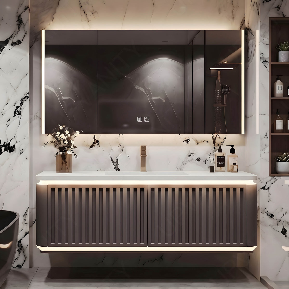Modern Bath Vanity Set, Brown, Striped Panel, Rounded Edge, 40"- 72", Single, Floating, Sensor Light, Smart LED Mirror, Rear Cabinet