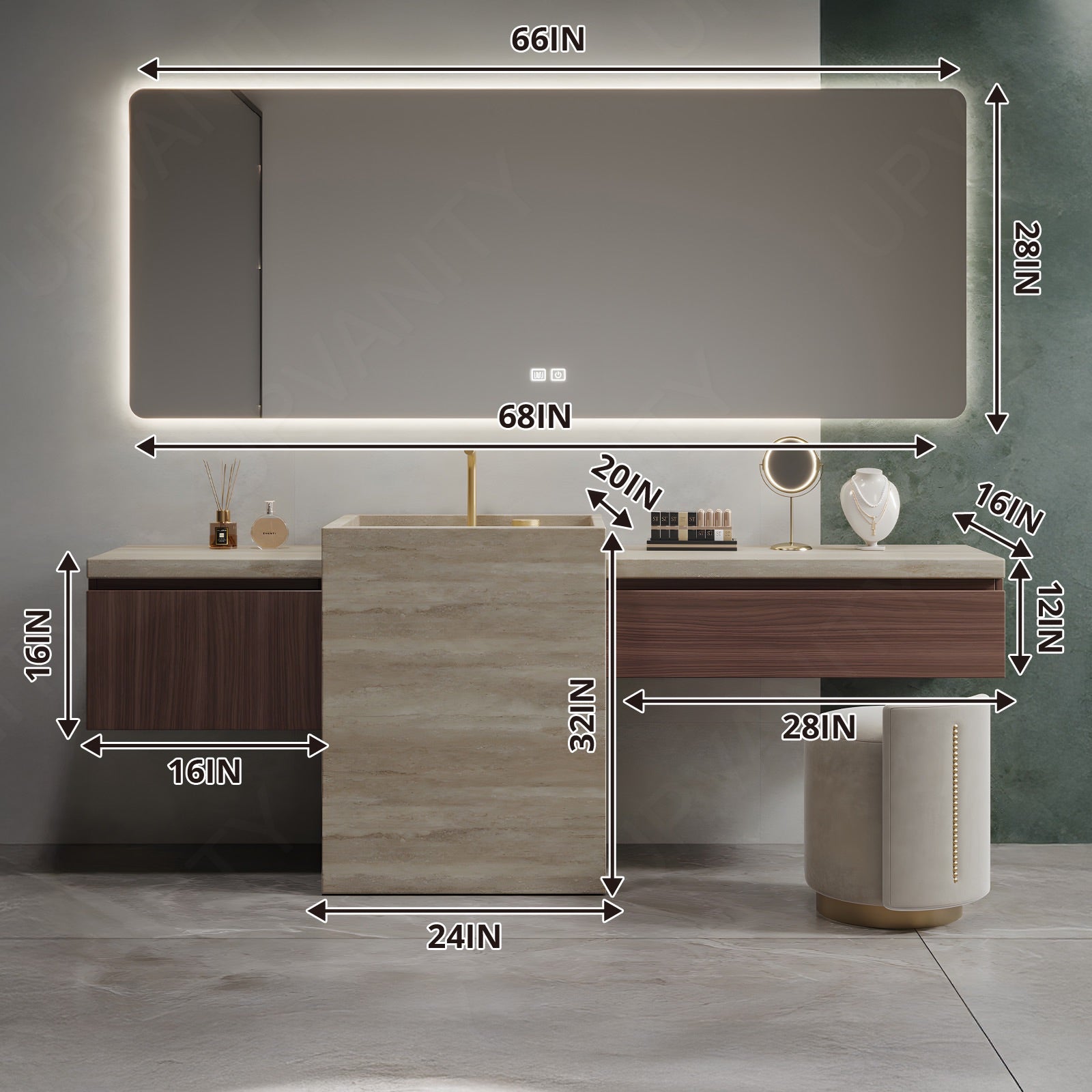 Modern Bath Vanity Set, Brown, Textured Column, 48"-78", Single, Freestanding, Smart LED Mirror