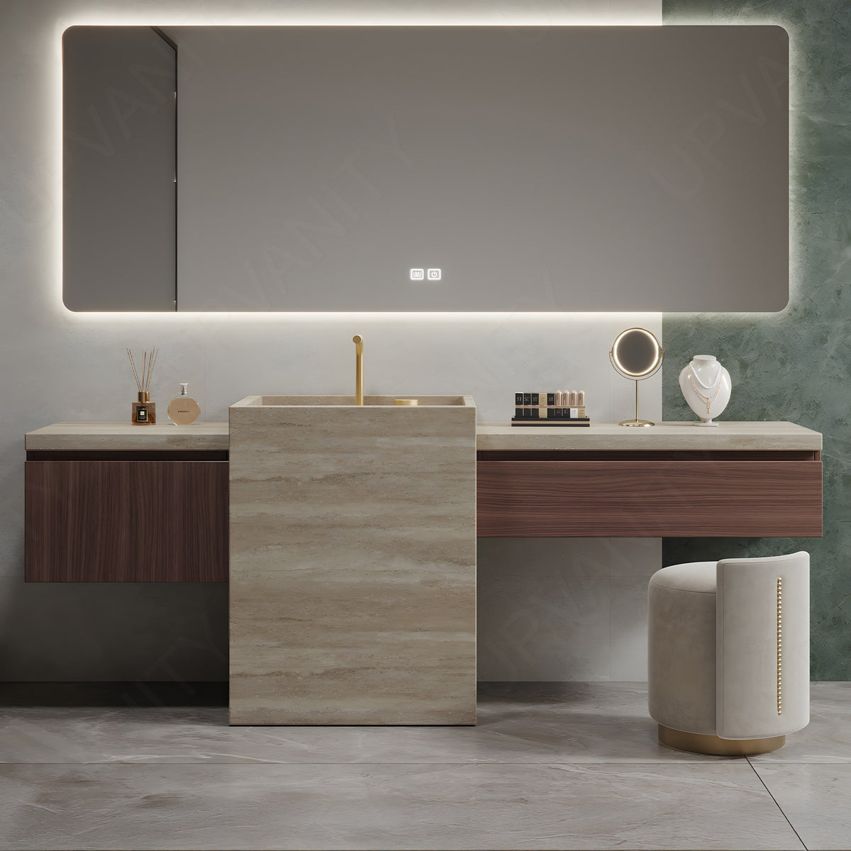 Modern Bath Vanity Set, Brown, Textured Column, 48"-78", Single, Freestanding, Smart LED Mirror