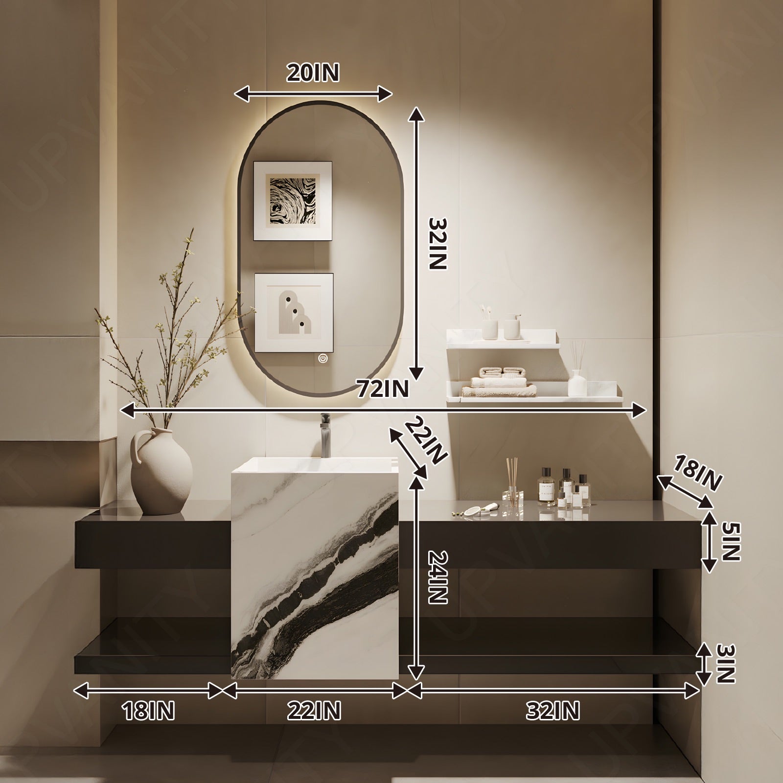 Modern Bath Vanity Set, Brown, Textured Column, 64"- 76", Single, Floating, Open Storage, Oval Smart LED Mirror