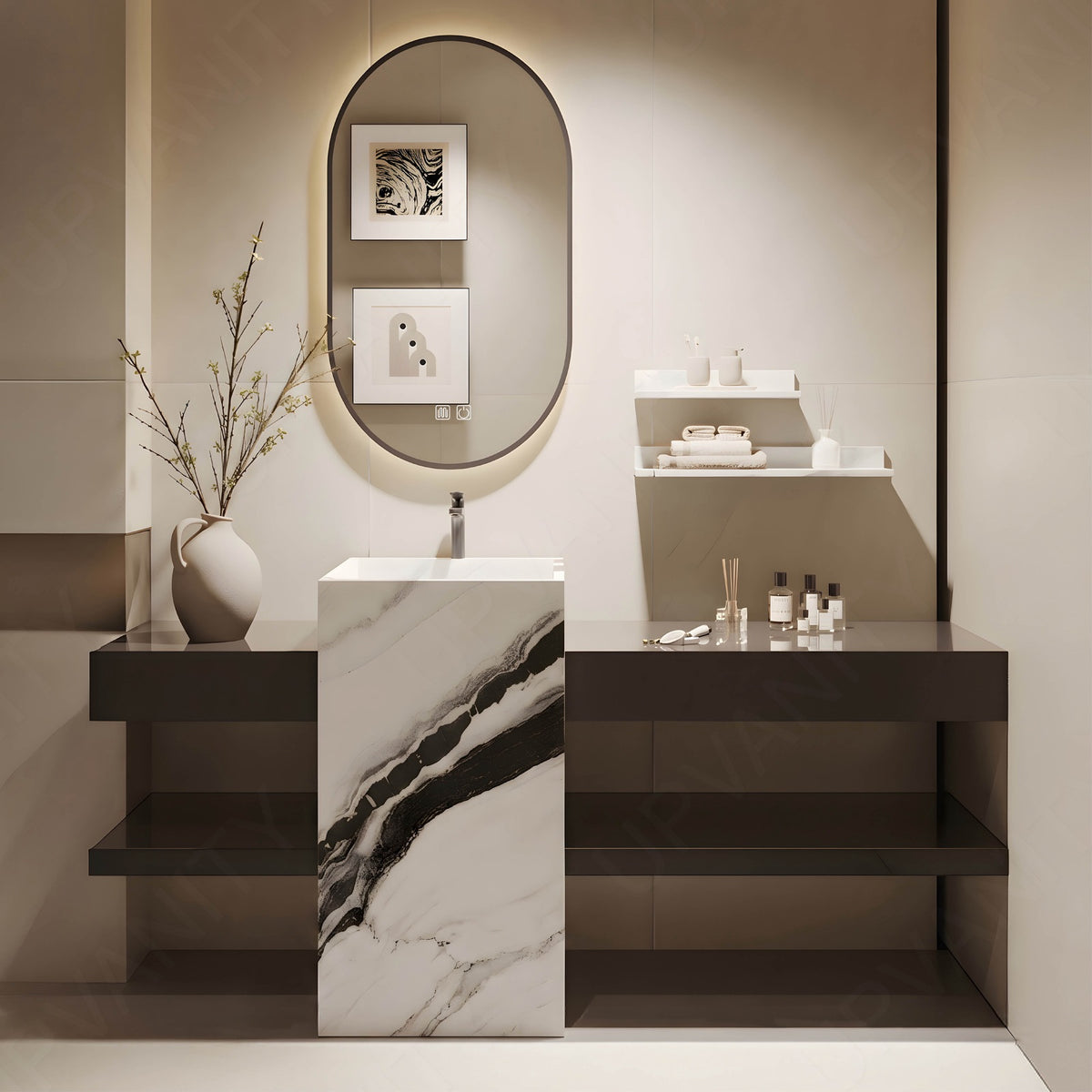 Modern Bath Vanity Set, Brown, Textured Column, 64"- 76", Single, Floating, Open Storage, Oval Smart LED Mirror