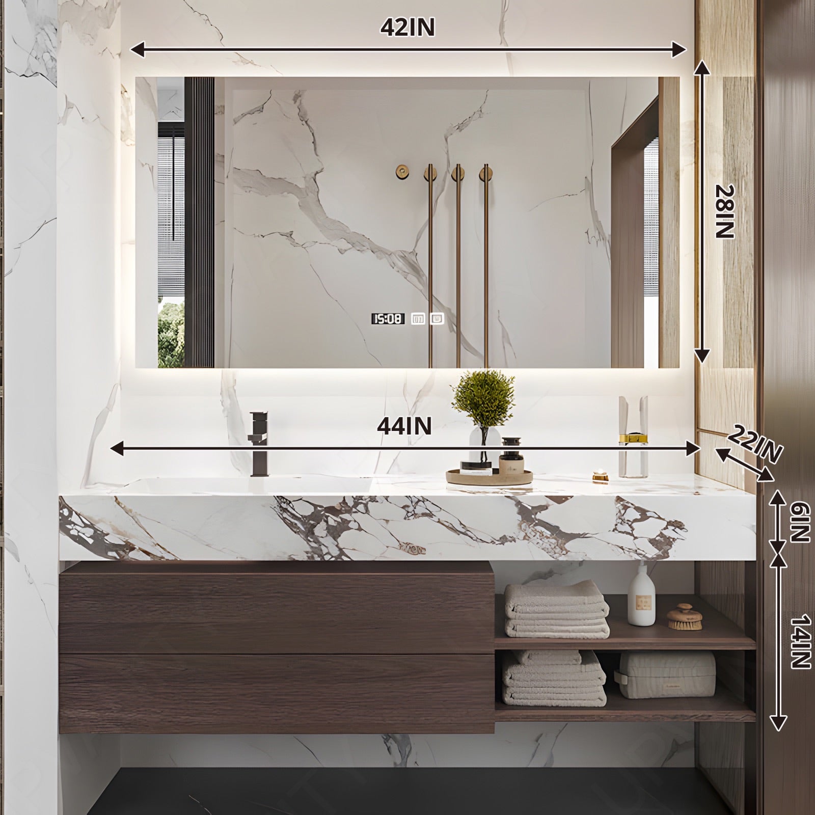 Modern Bath Vanity Set, Brown Walnut, 40"- 64", Single, Floating, Smart LED Mirror