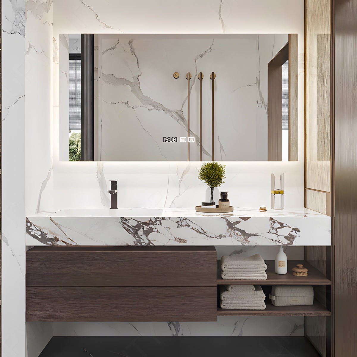 Modern Bath Vanity Set, Brown Walnut, 40"- 64", Single, Floating, Smart LED Mirror