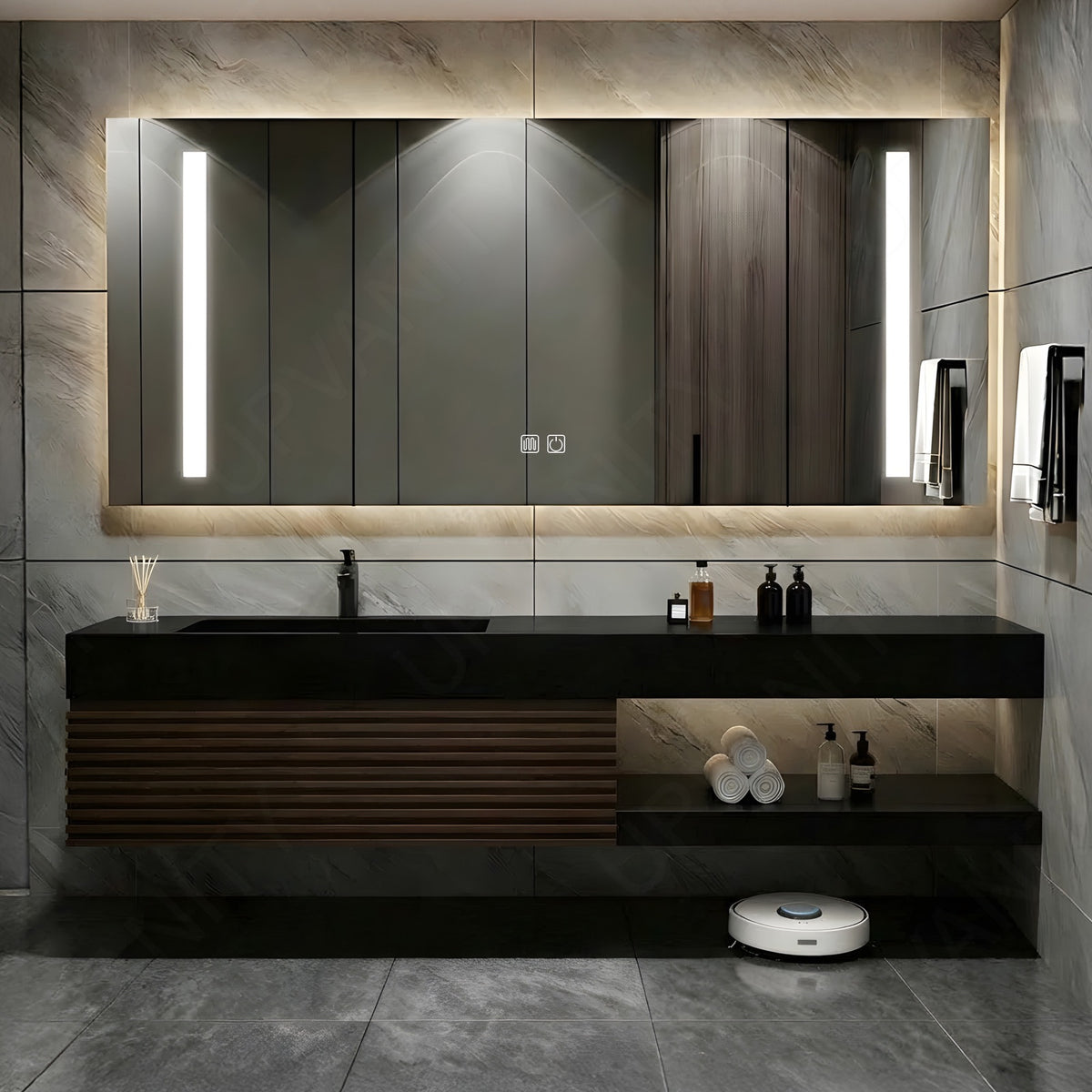 Modern Bath Vanity Set, Brown, Walnut Wood, Black Slate Top, Striped Panel, 40"- 72", Single, Floating, Smart LED Mirror, Rear Cabinet
